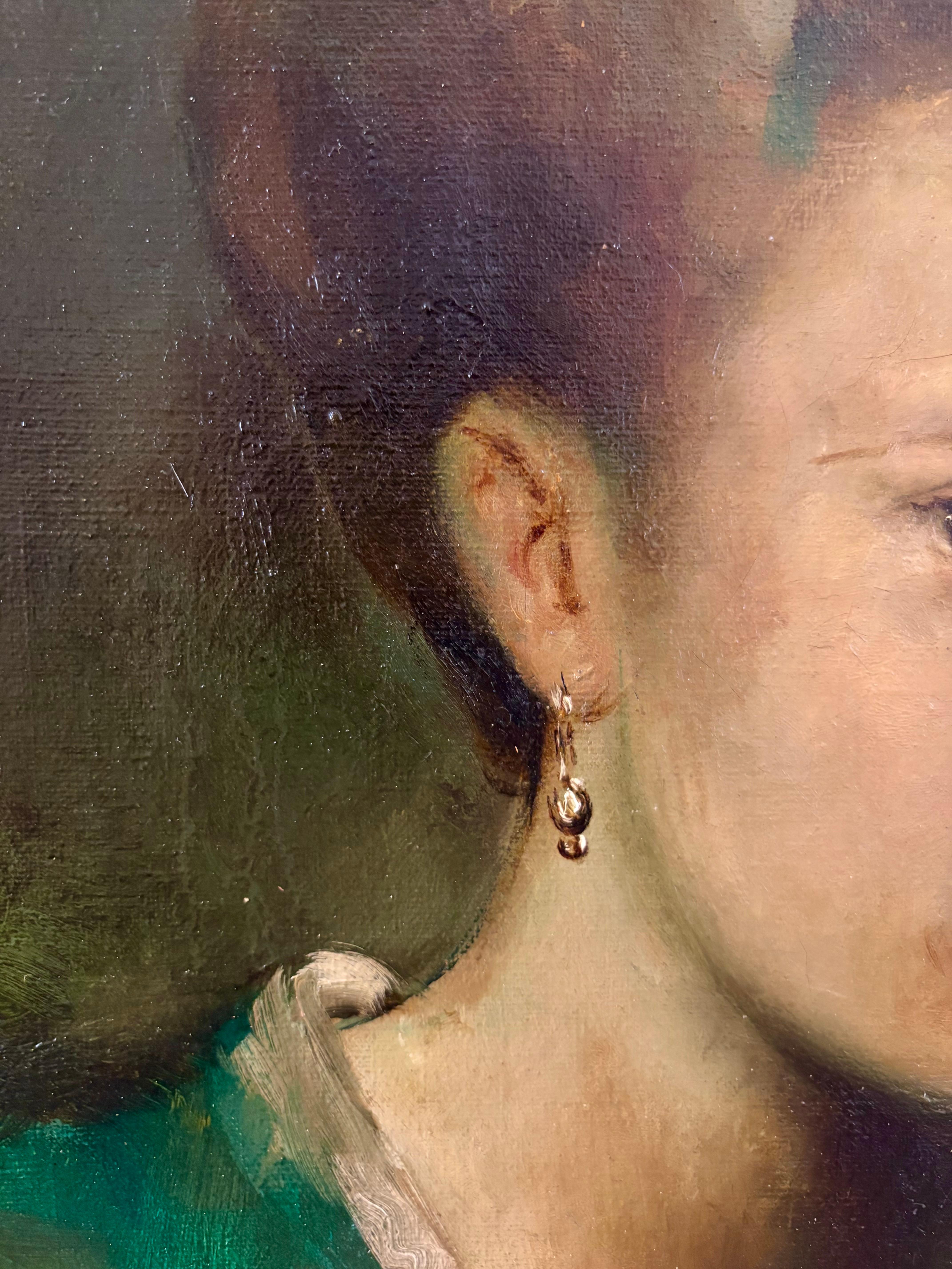 Portrait of Elegant Woman in Green Kimono, 19th century French School in Frame For Sale 6