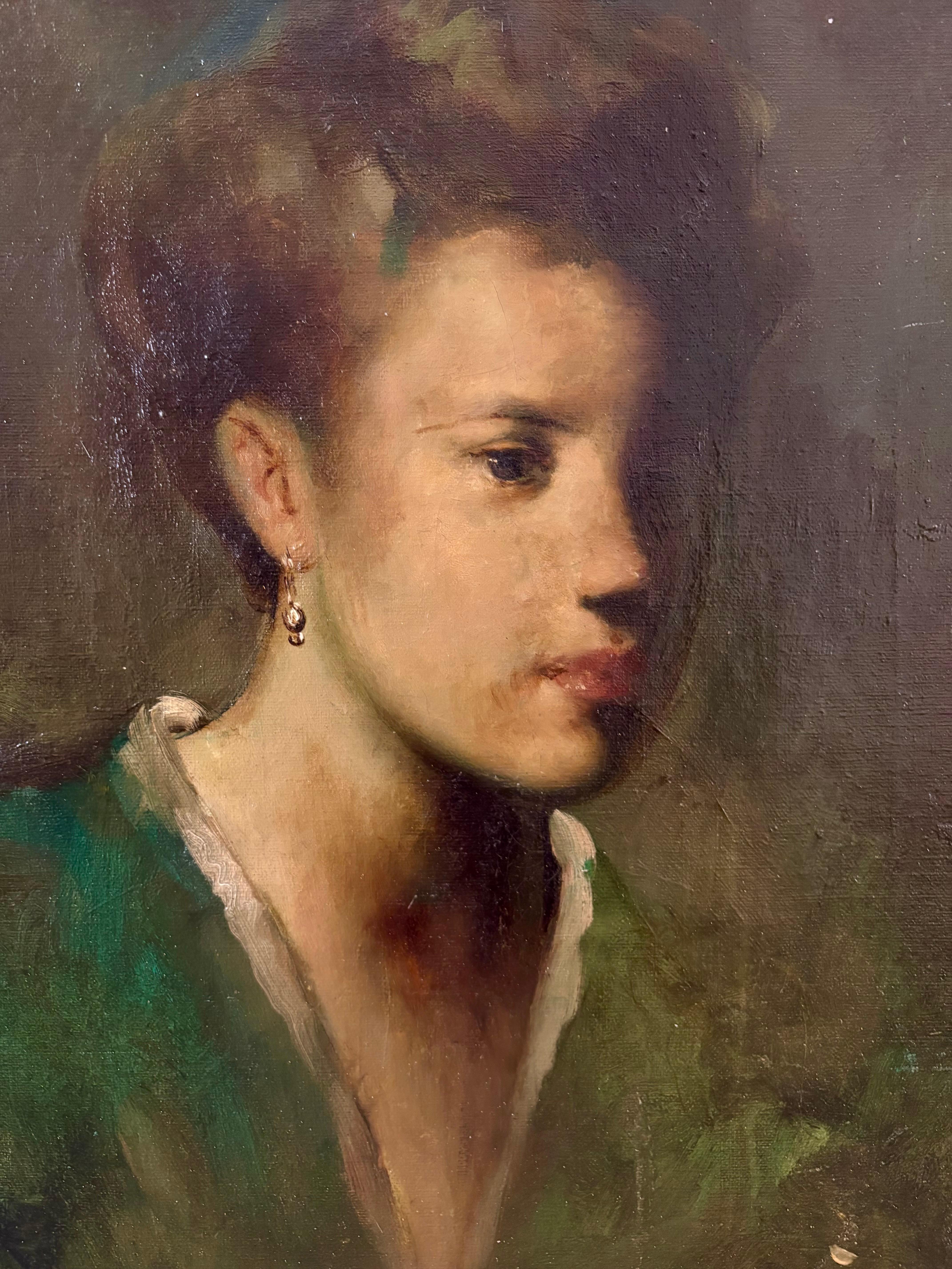 Portrait of Elegant Woman in Green Kimono, 19th century French School in Frame - Painting by Unknown