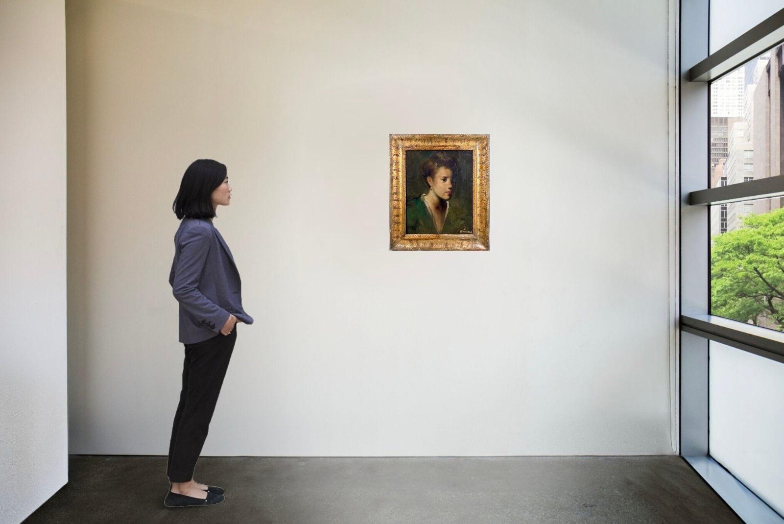 Portrait of Elegant Woman in Green Kimono, 19th century French School in Frame - Brown Portrait Painting by Unknown