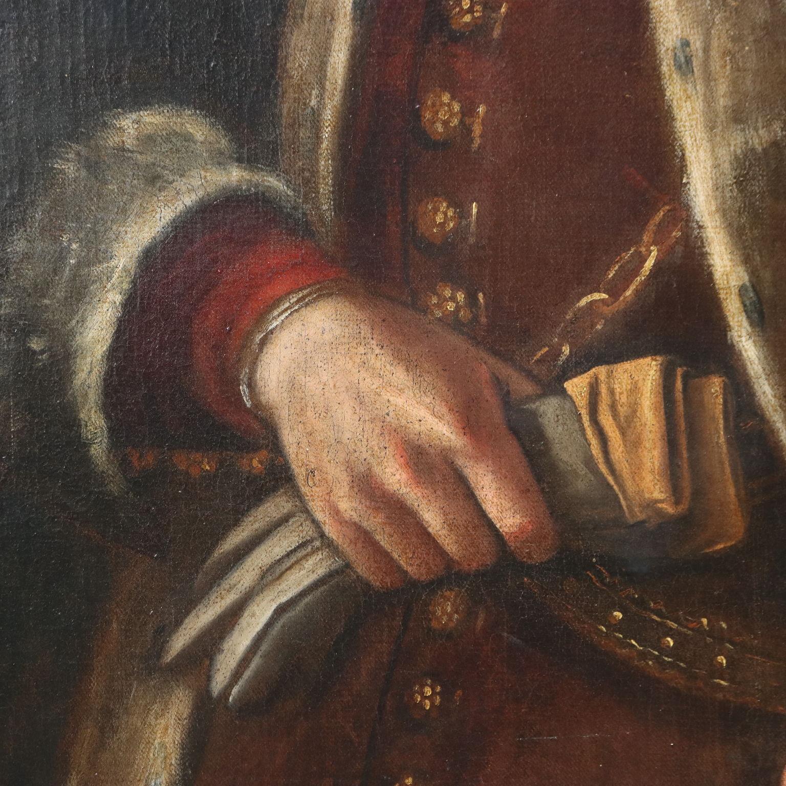 Olio su tela.
Ritratto di un nobiluomo, fiero con la mano posata sull' elsa della spada e vestito di un manto bordato di ermellino. In alto a destra compare lo stemma della sua casata, che vede un leone rampante rosso coronato e impugnate una spada;