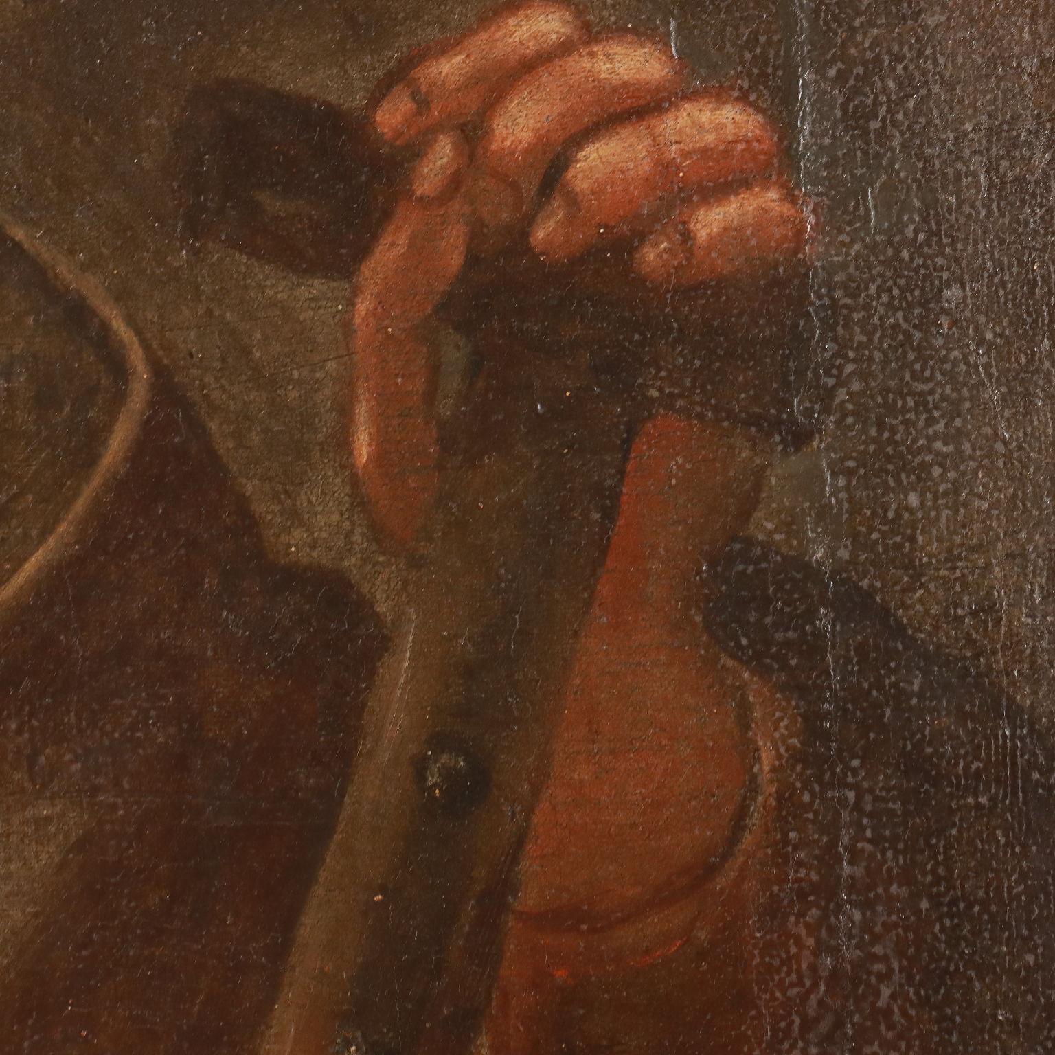 Öl auf Leinwand. Das Gemälde trägt oben den Namen des Künstlers (Giovani Piana) und das Datum der Ausführung 1616.
Sie stellt den Heiligen Simon dar,  er hält ein Buch und eine Säge in der Hand, sein ikonografisches Attribut, das auf das Martyrium