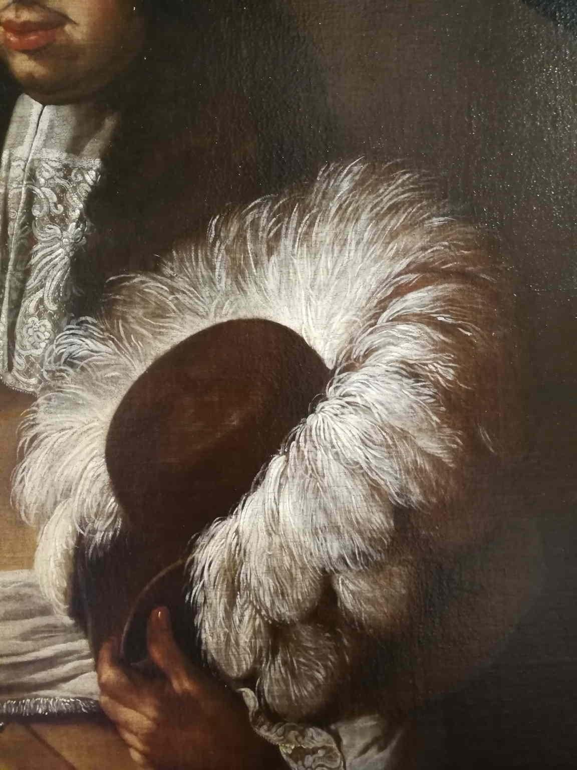 Ritratto figurativo maschile scuola toscana del XVII secolo olio su tela - Black Portrait Painting by Unknown