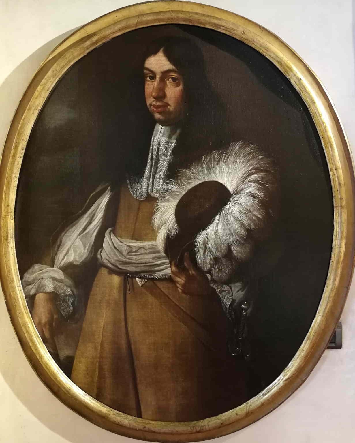 Unknown Portrait Painting - Ritratto figurativo maschile scuola toscana del XVII secolo olio su tela