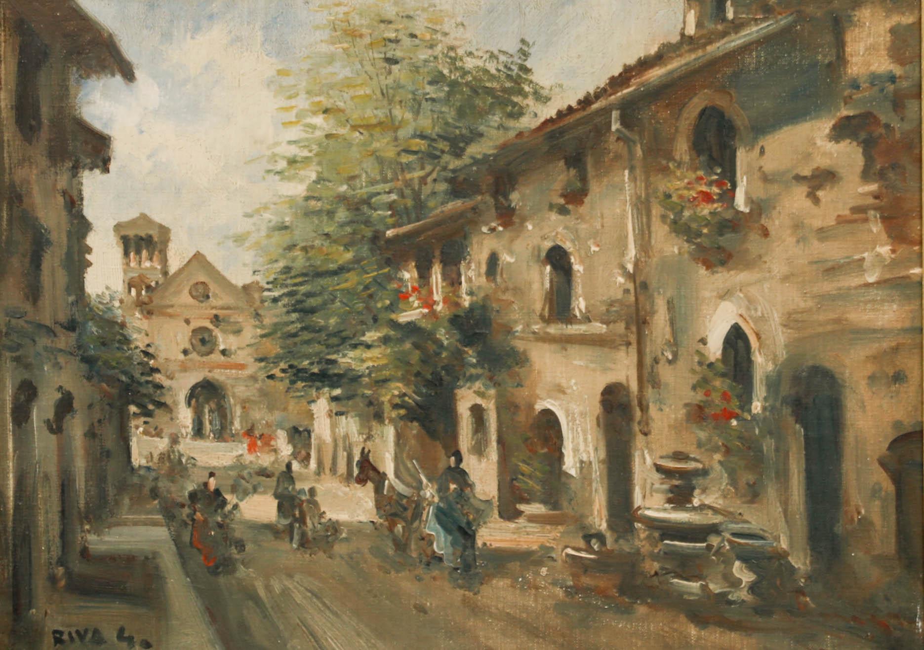 Riva – Spanische Schule  1940 Öl, Spanische Straße im Sommer – Painting von Unknown