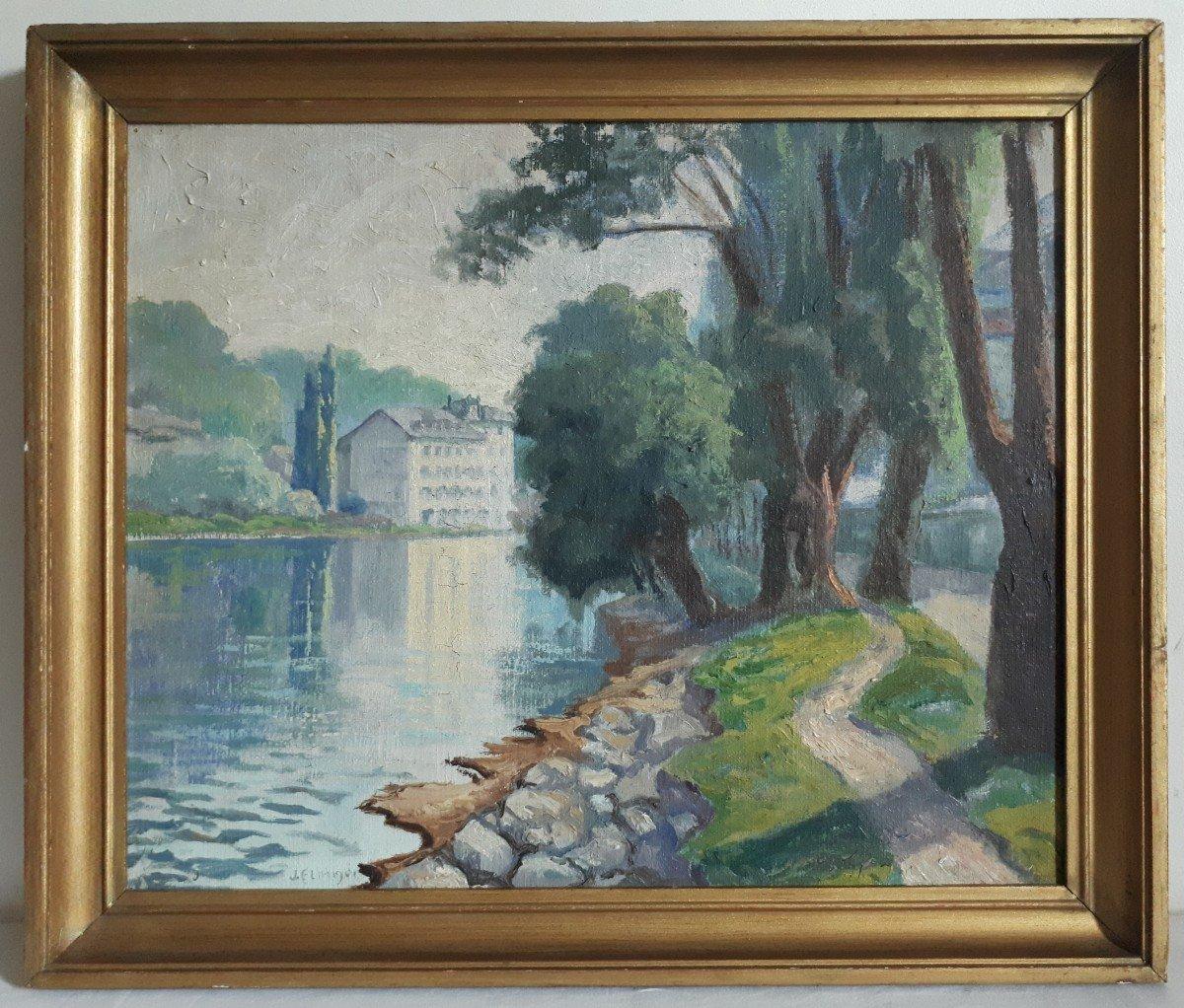 River in countryside, France, Original Antique Oil on Canvas, Impressionist 