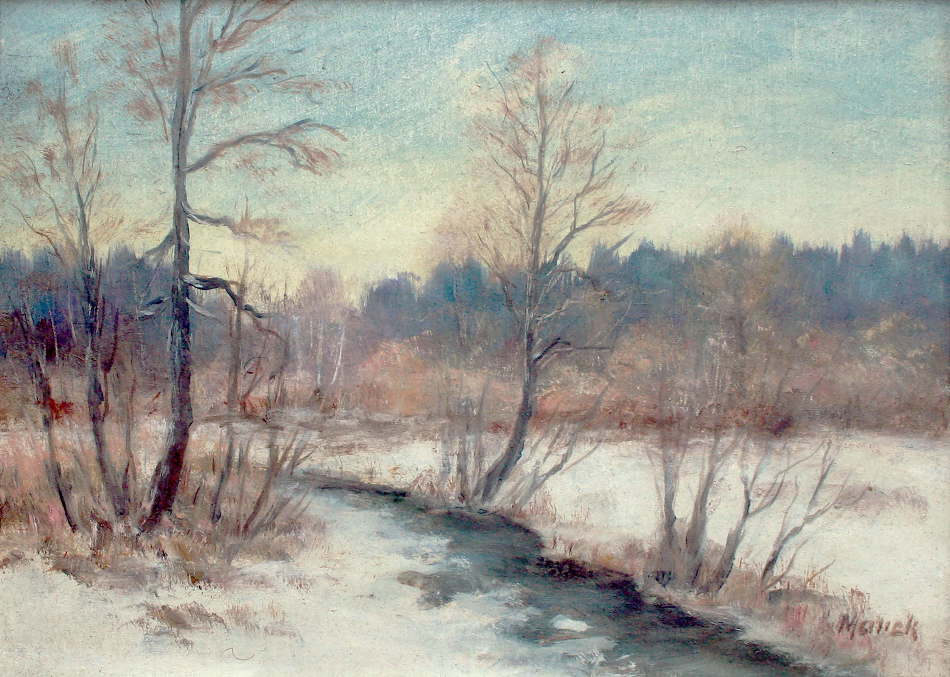 Winterlandschaft der 1970er Jahre – Fluss im Schnee – Painting von Unknown