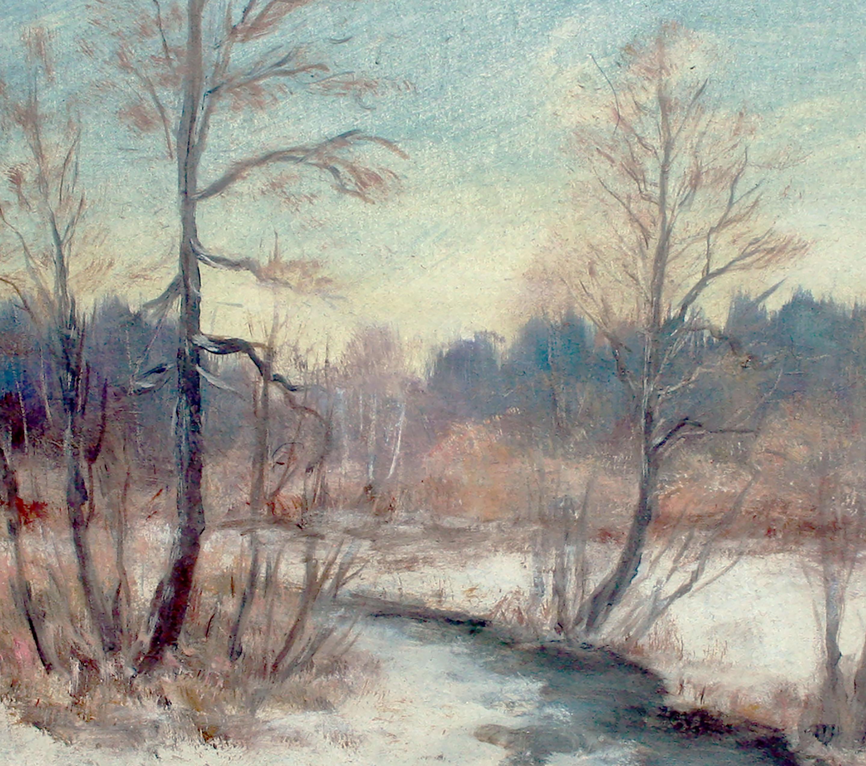Winterlandschaft der 1970er Jahre – Fluss im Schnee (Amerikanischer Impressionismus), Painting, von Unknown