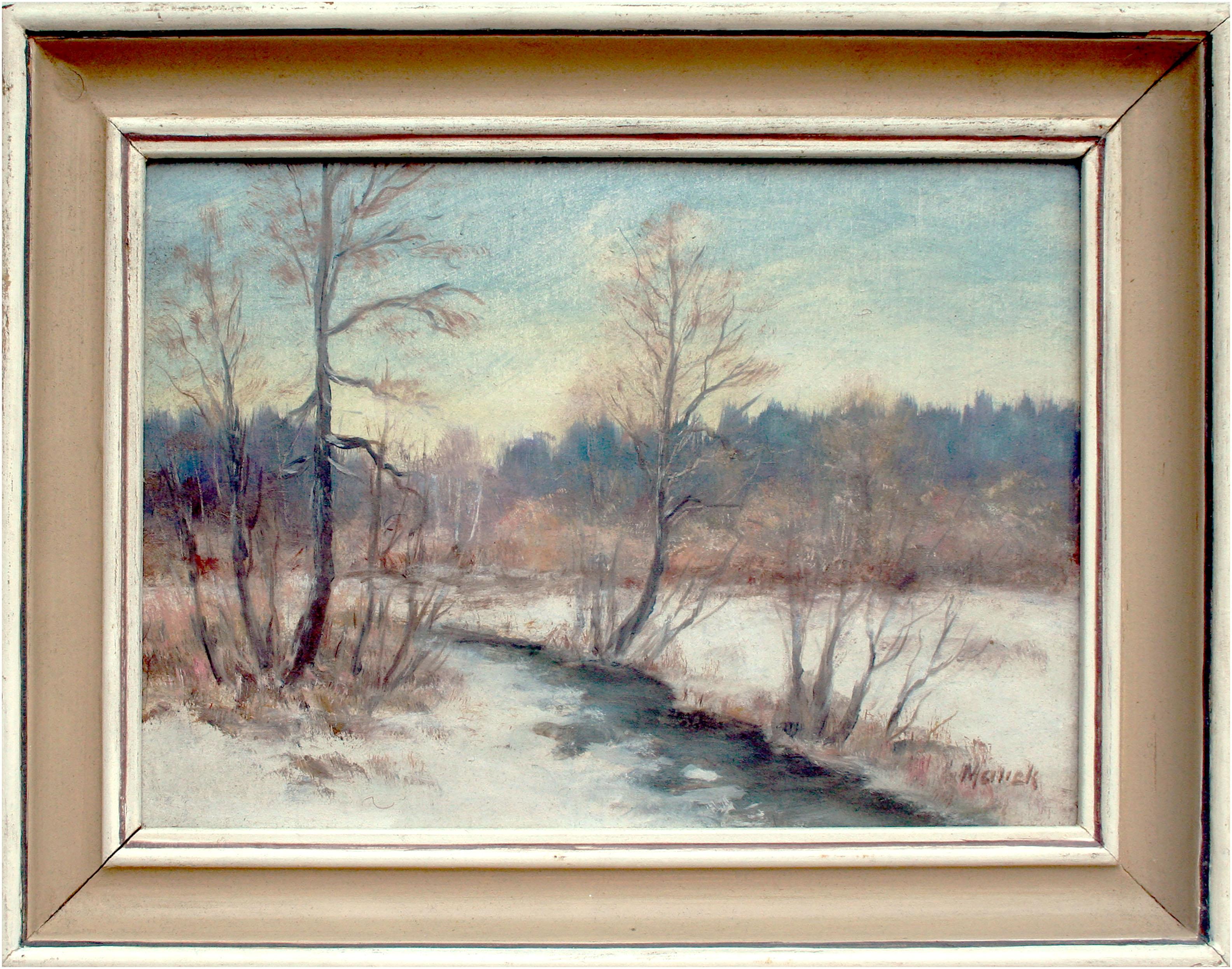 Unknown Landscape Painting – Winterlandschaft der 1970er Jahre – Fluss im Schnee