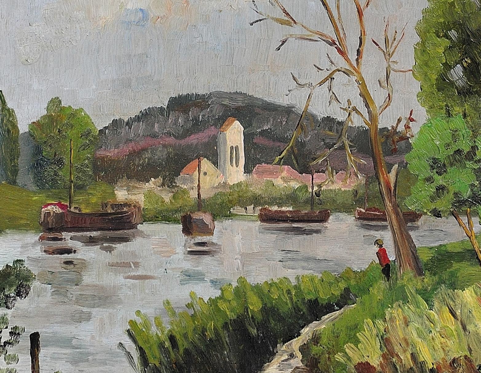 River Landscape – Mid 20th Century Oil Painting. Signed Ivor Davies, Dated 1961. For Sale 8