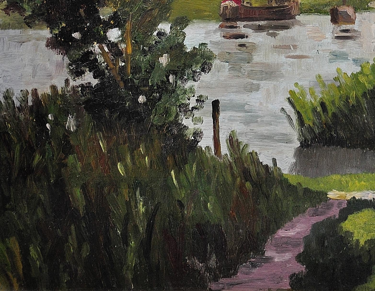River Landscape – Mid 20th Century Oil Painting. Signed Ivor Davies, Dated 1961. For Sale 6