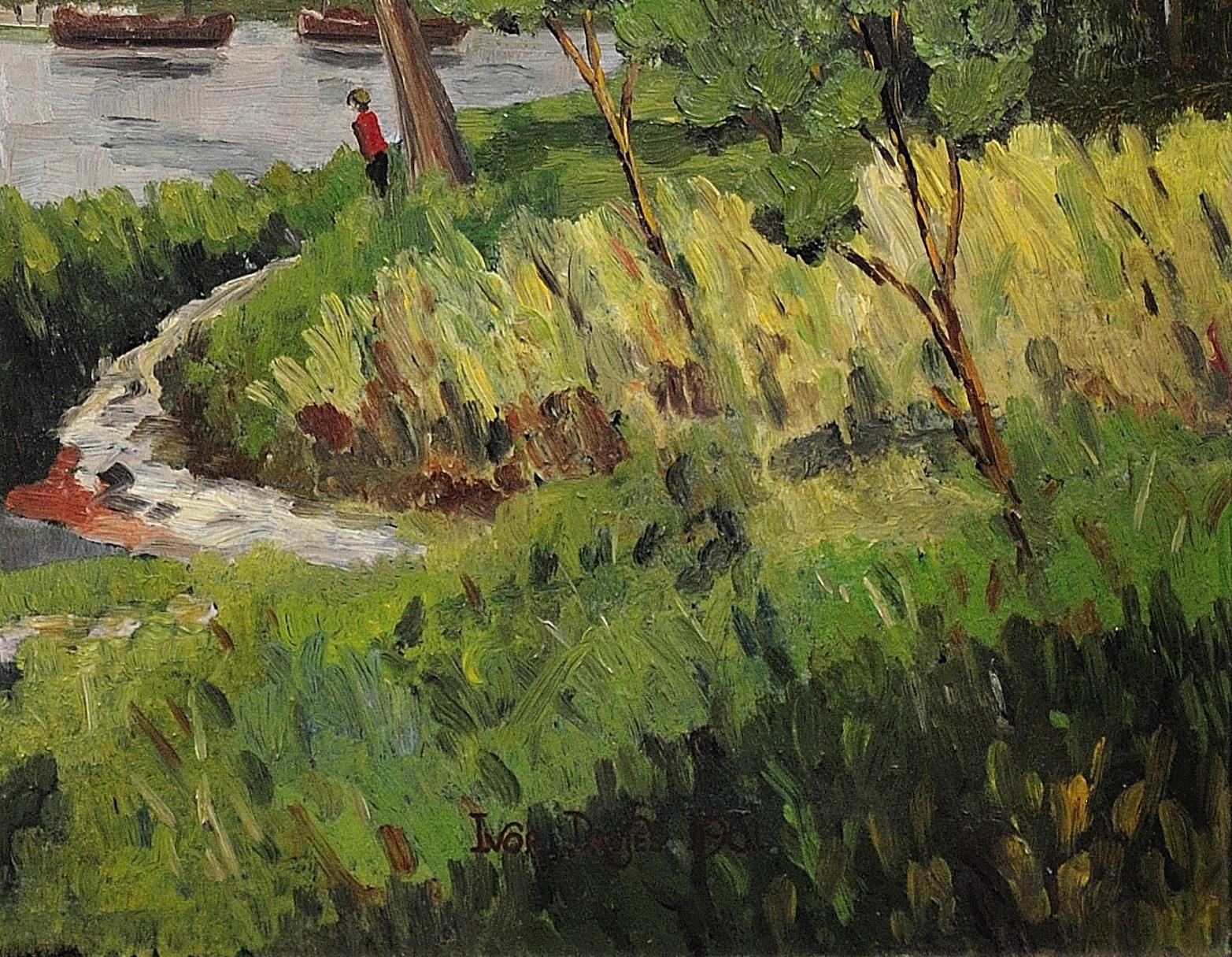 River Landscape – Mid 20th Century Oil Painting. Signed Ivor Davies, Dated 1961. For Sale 7