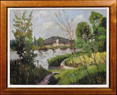 River Landscape – Mid 20th Century Oil Painting. Signed Ivor Davies, Dated 1961.
