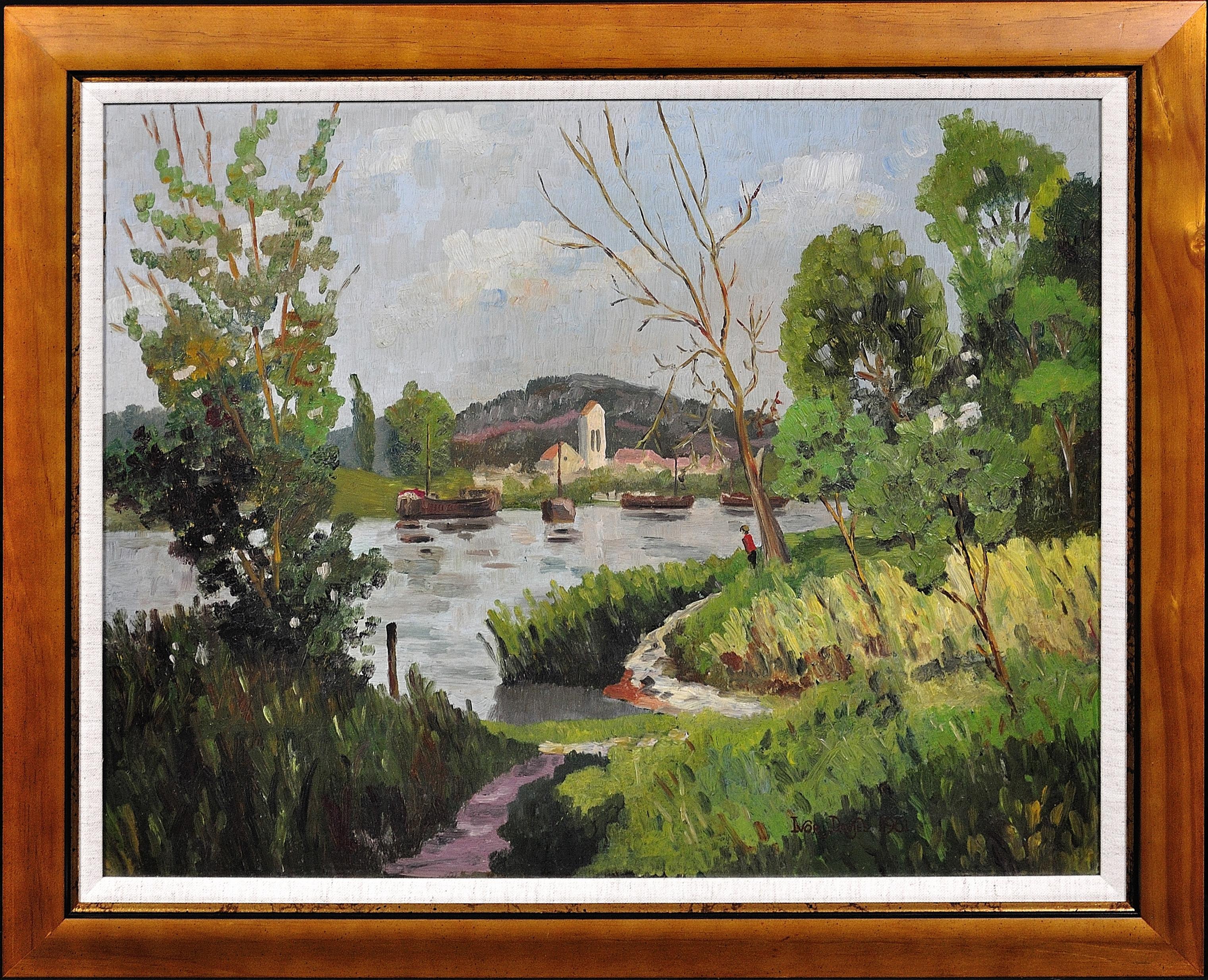 Unknown Landscape Painting - River Landscape – Mid 20th Century Oil Painting. Signed Ivor Davies, Dated 1961.
