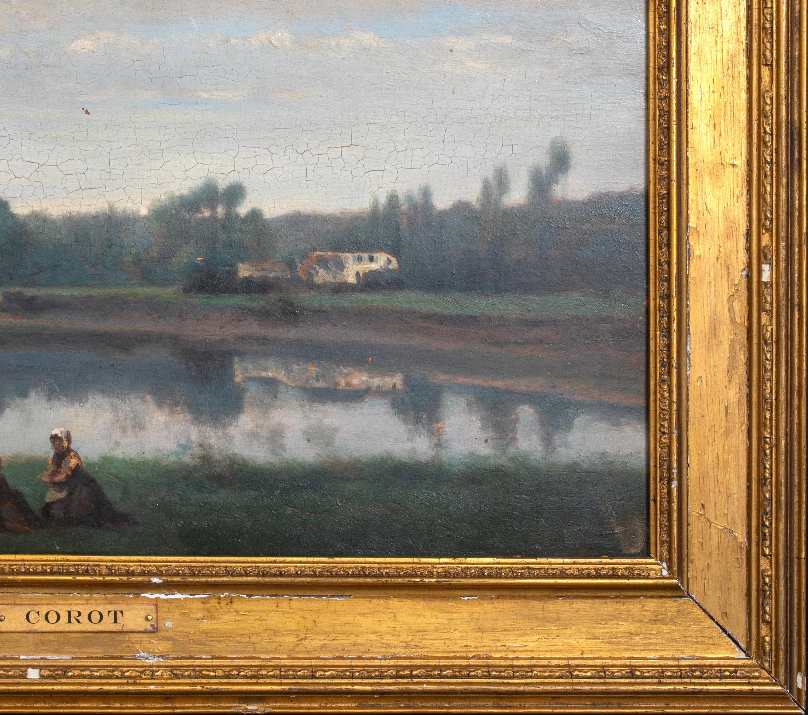 River Landscape Sketch, 19th Century

circle of Jean-Baptiste-Camille Corot (1796-1875)

Large 19th century French Barbizon River Landscape sketch with figures by the waters edge, oil on panel attributed to Corot. Excellent quality and condition