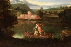 Paysage fluvial avec bateau et deux personnages - Peinture à l'huile - 17e siècle
