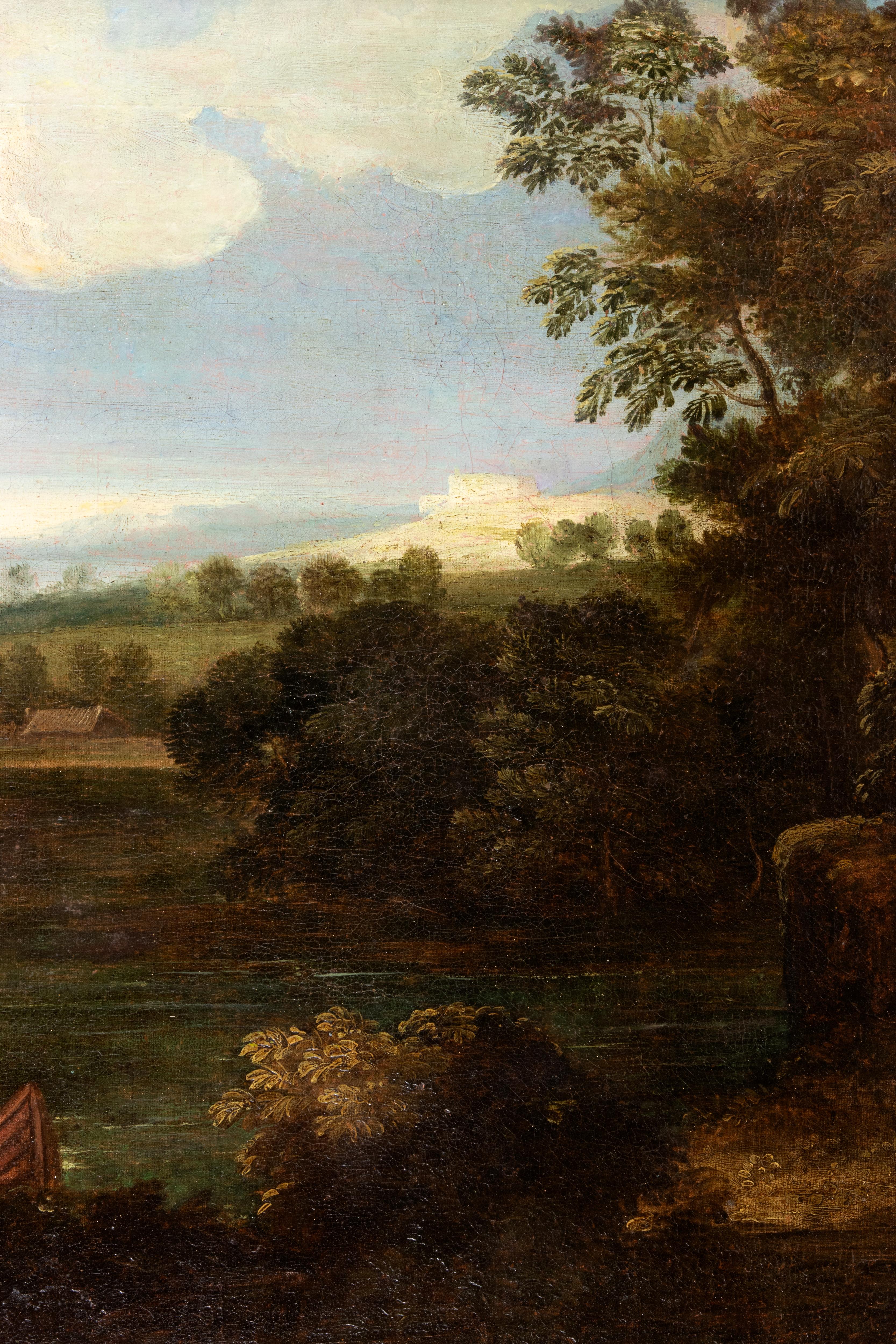 Flusslandschaft mit Boot und zwei Figuren - Ölfarbe - 17. Jahrhundert (Moderne), Painting, von Unknown