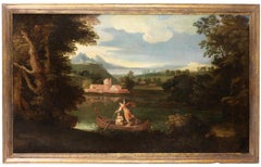 Paisaje fluvial con barca y dos figuras - Pintura al óleo - Siglo XVII