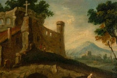 Paysage fluvial avec témoins - Huile sur toile - 18ème siècle