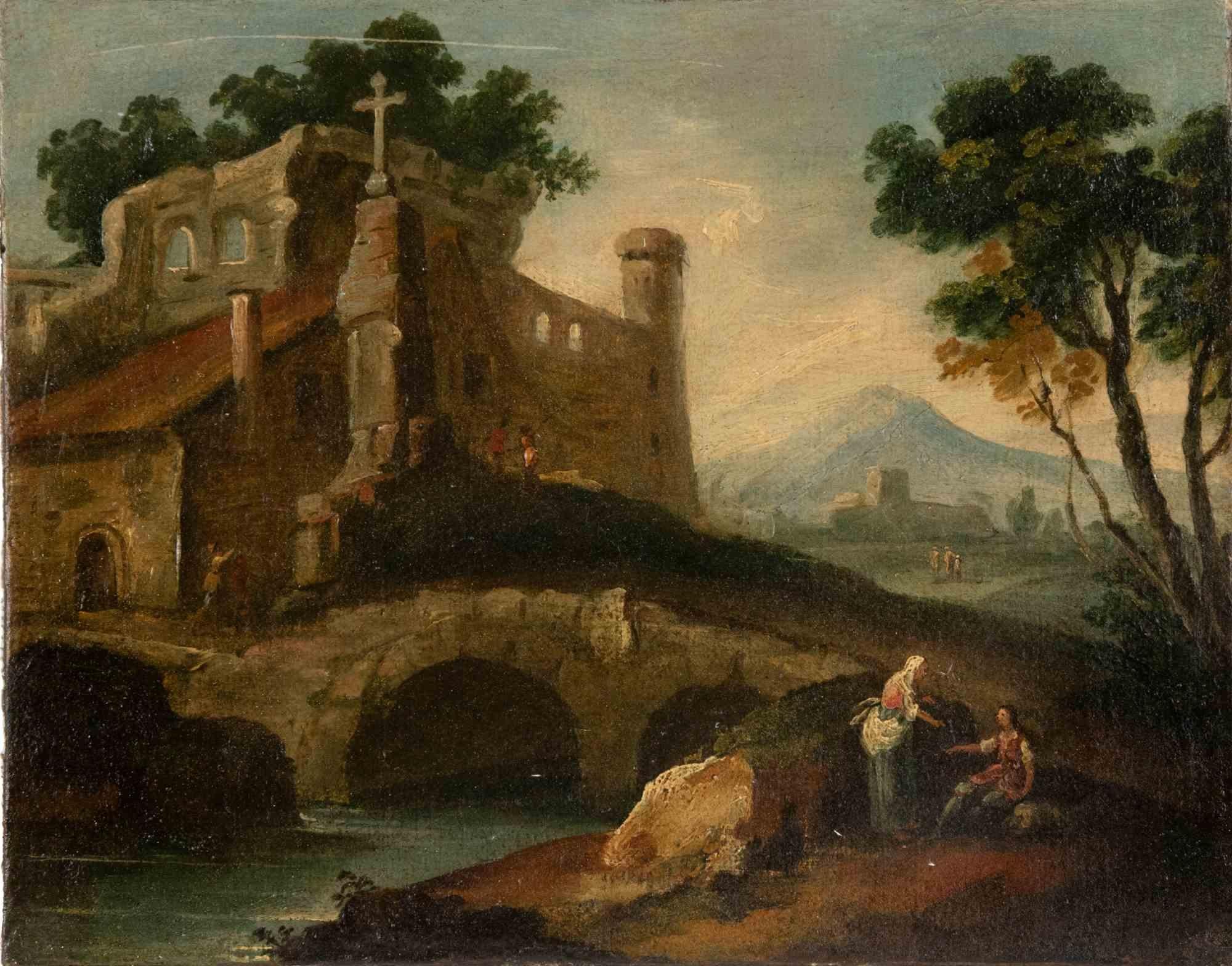 Flusslandschaft mit Bystanders – Öl auf Leinwand – 18. Jahrhundert