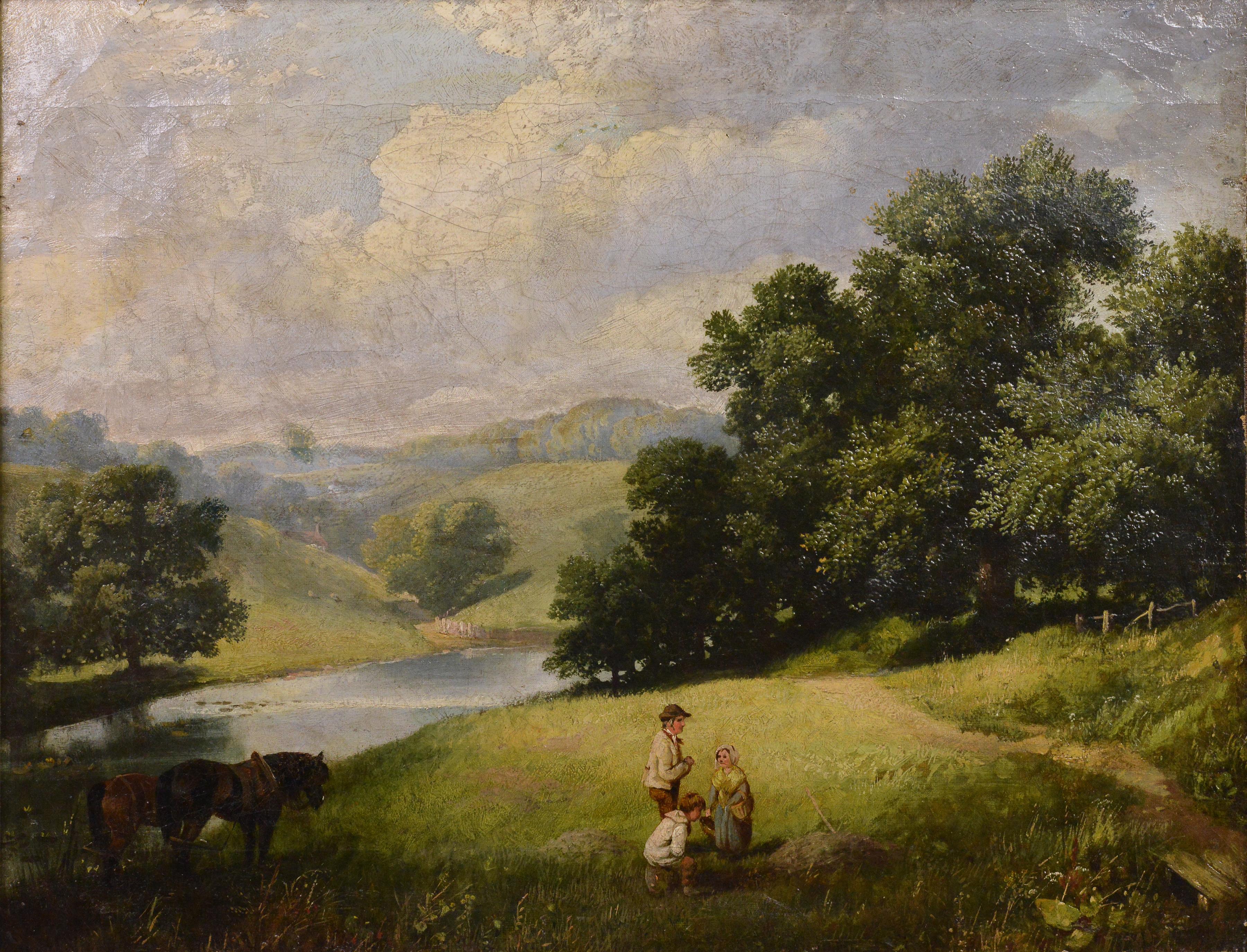 Paesaggio fluviale con figure e cavalli che riposano Pittura ad olio incorniciata del XIX secolo - Painting di Unknown