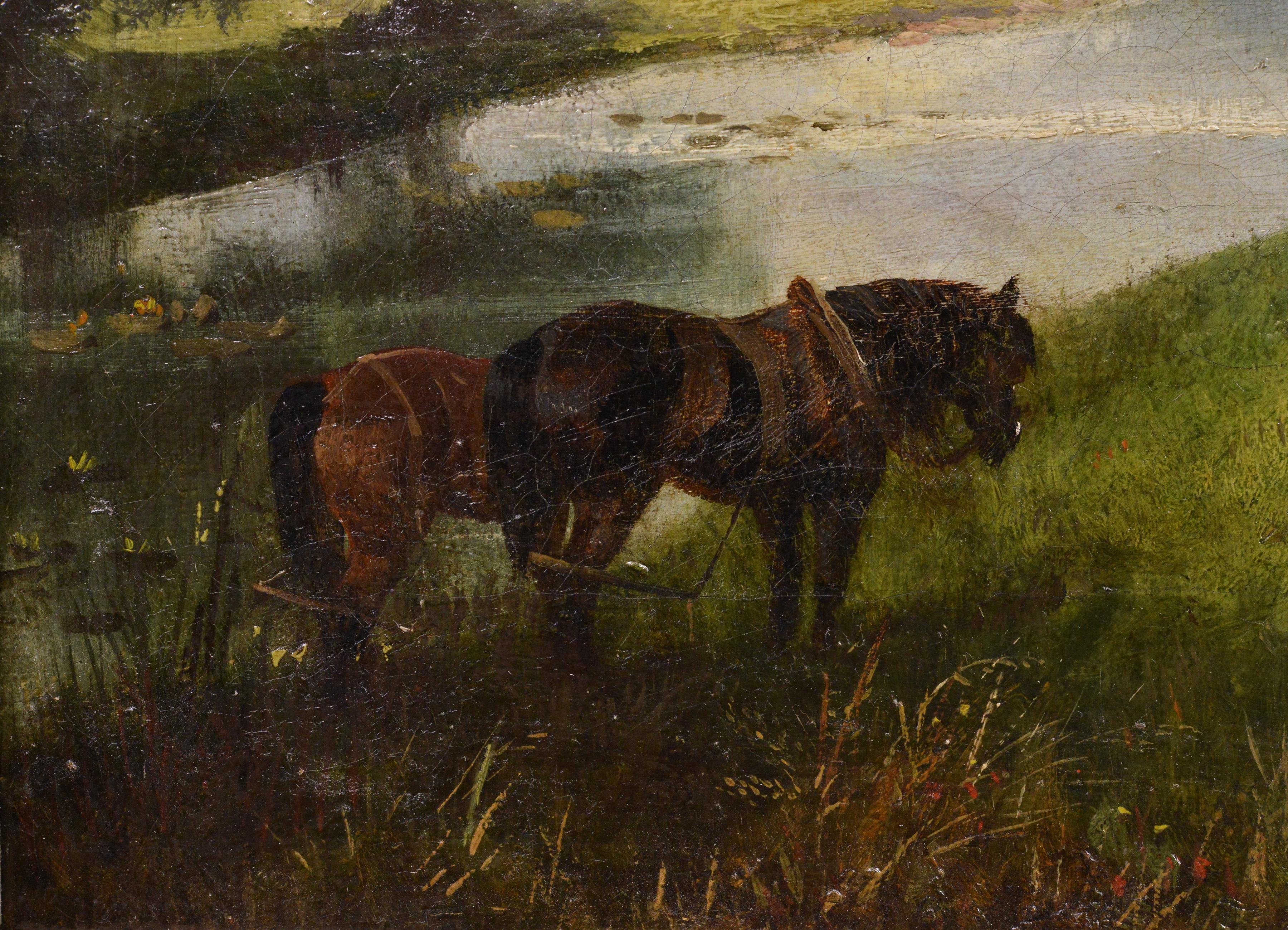 Paesaggio fluviale con figure e cavalli che riposano Pittura ad olio incorniciata del XIX secolo - Figurative Painting Marrone di Unknown