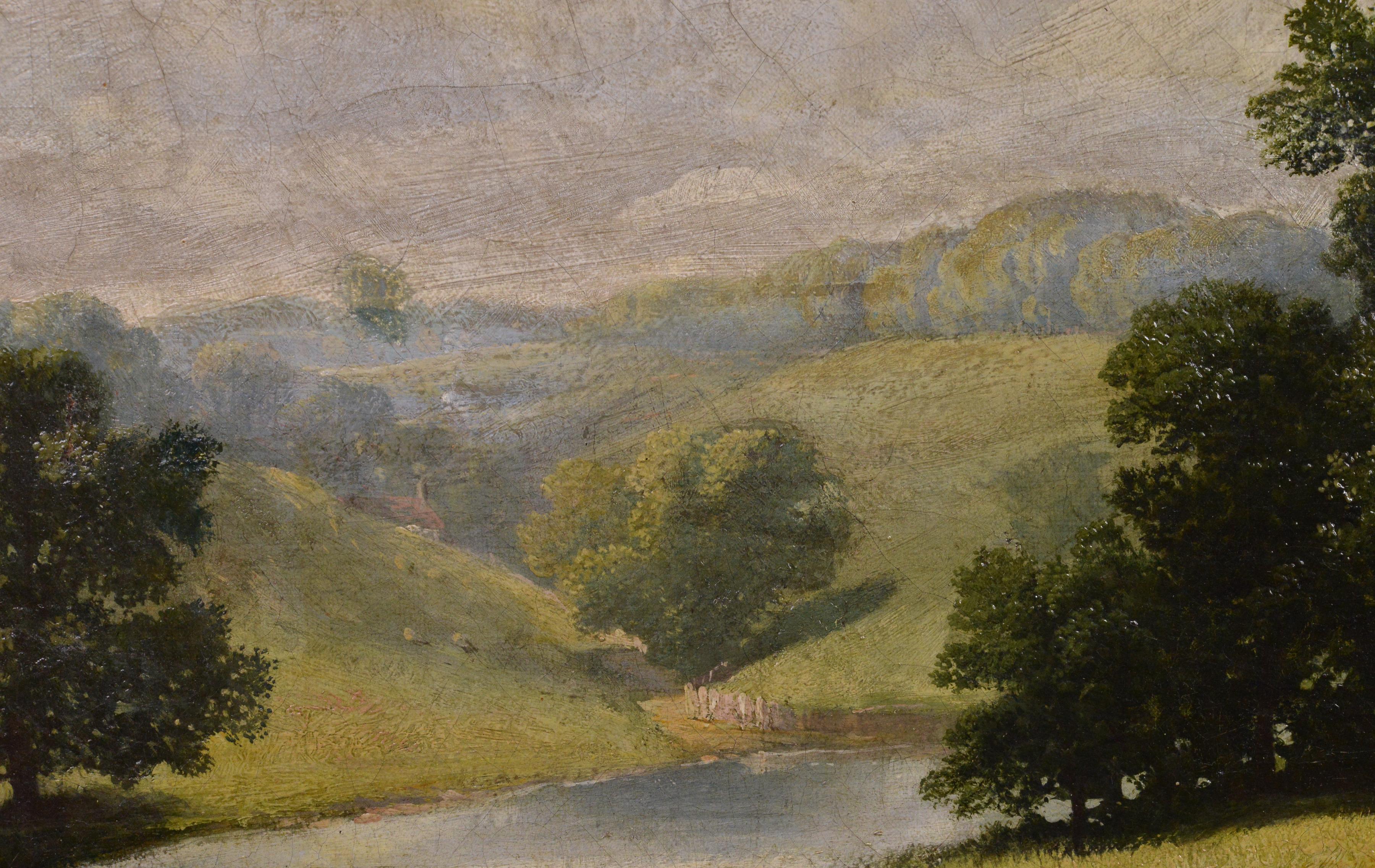 Paesaggio fluviale con figure e cavalli che riposano Pittura ad olio incorniciata del XIX secolo 1
