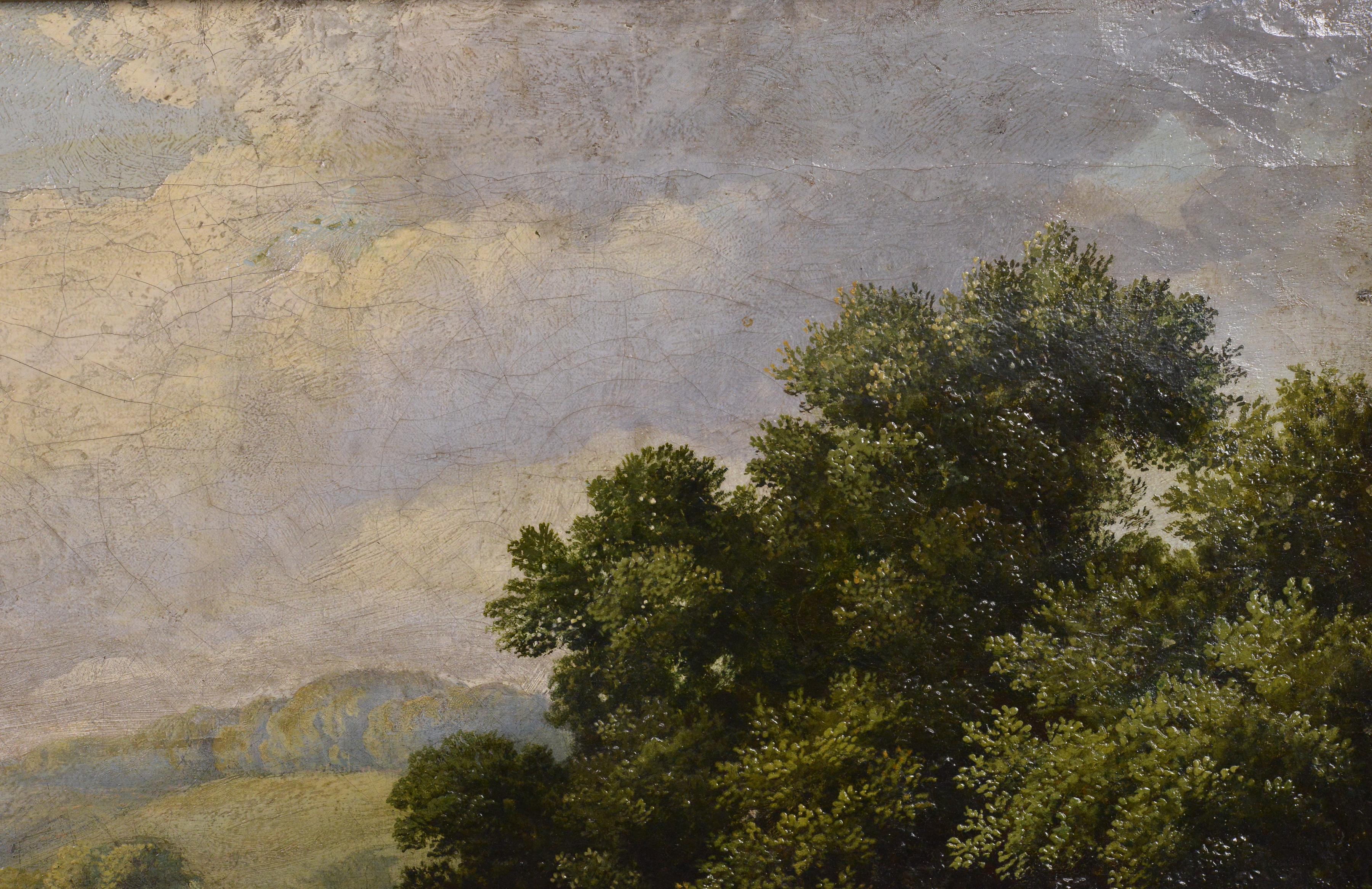 Paesaggio fluviale con figure e cavalli che riposano Pittura ad olio incorniciata del XIX secolo 2
