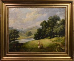 Paesaggio fluviale con figure e cavalli che riposano Pittura ad olio incorniciata del XIX secolo