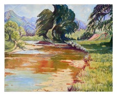 Mid Century River Mountain Valley Oasis Landscape