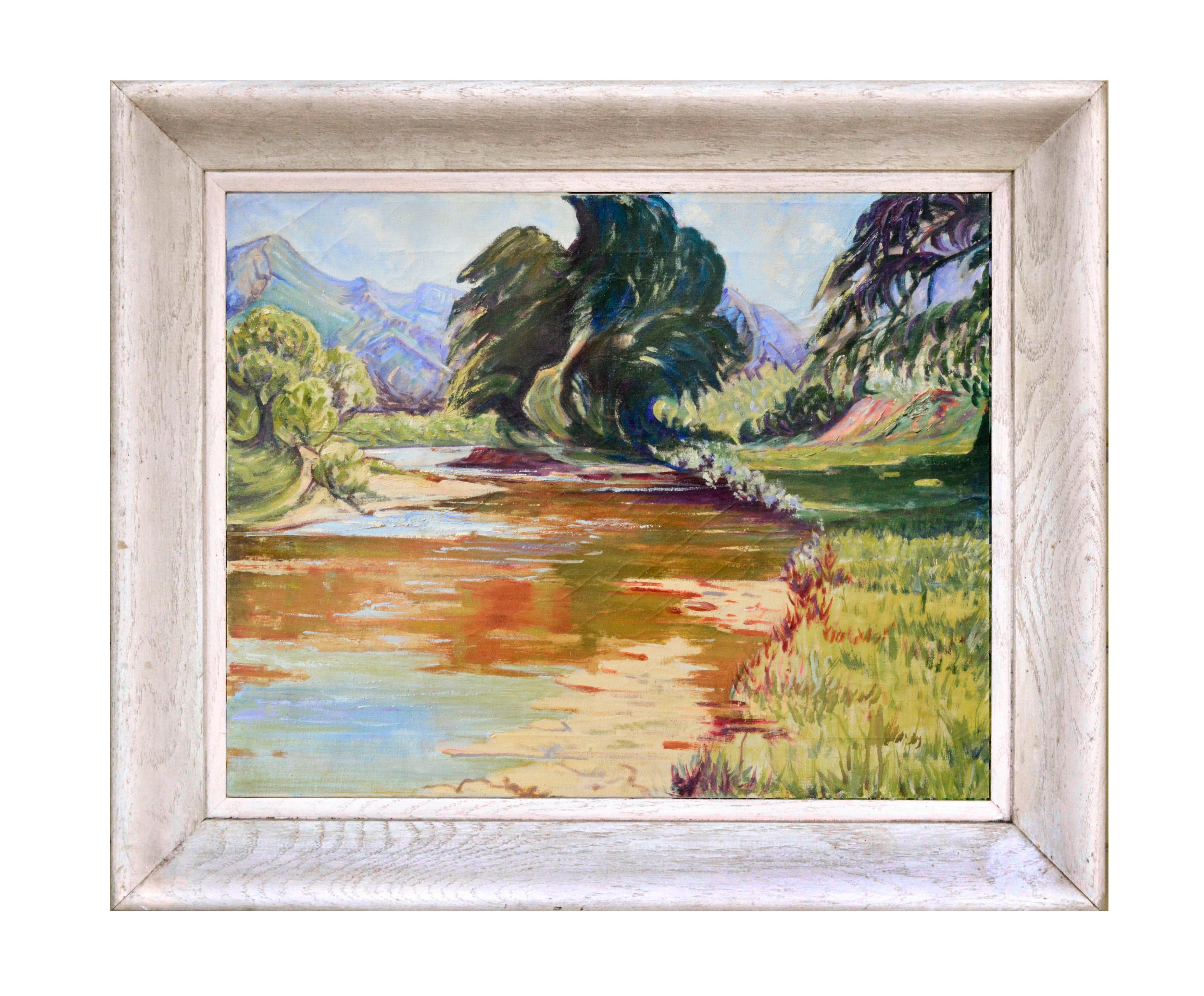 Unknown Landscape Painting - Mid Century River Mountain Valley Oasis Landscape 