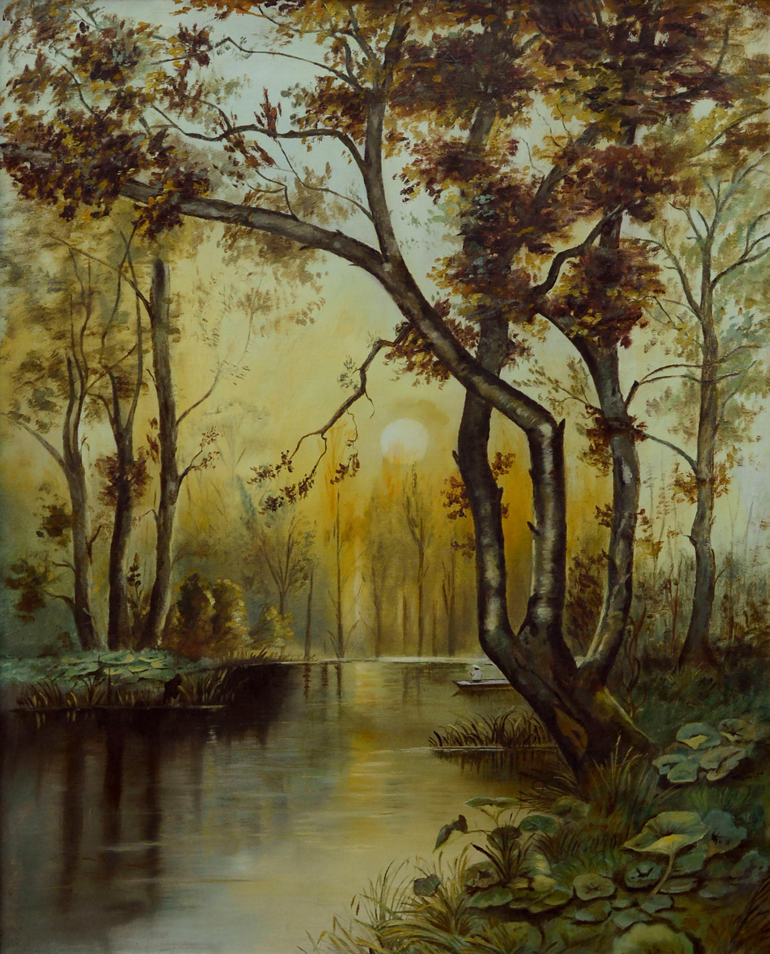 River Sunrise - Mid Century Figurative Landscape  - Painting by Unknown