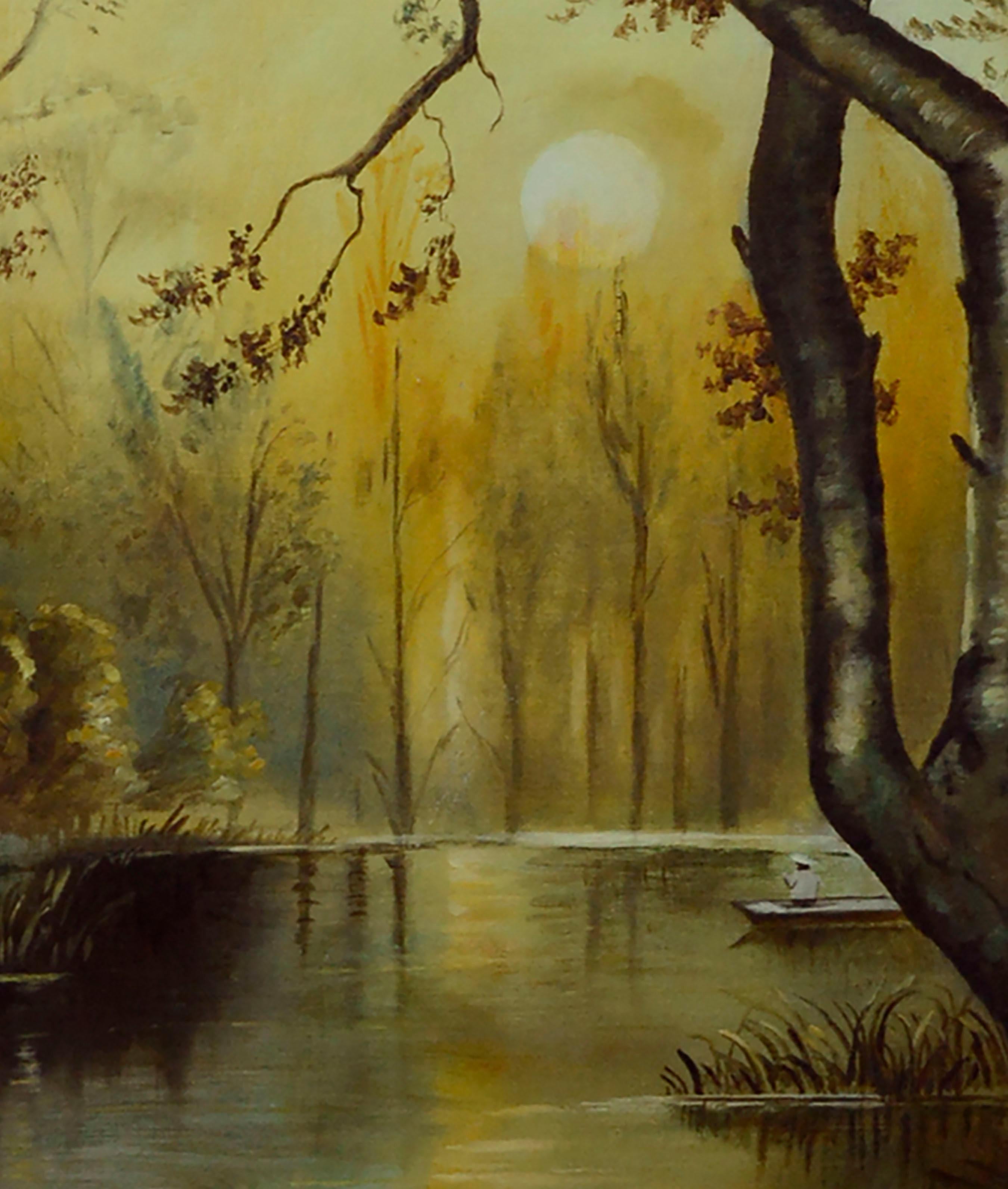River Sunrise - Paysage figuratif du milieu du siècle dernier  - Marron Figurative Painting par Unknown