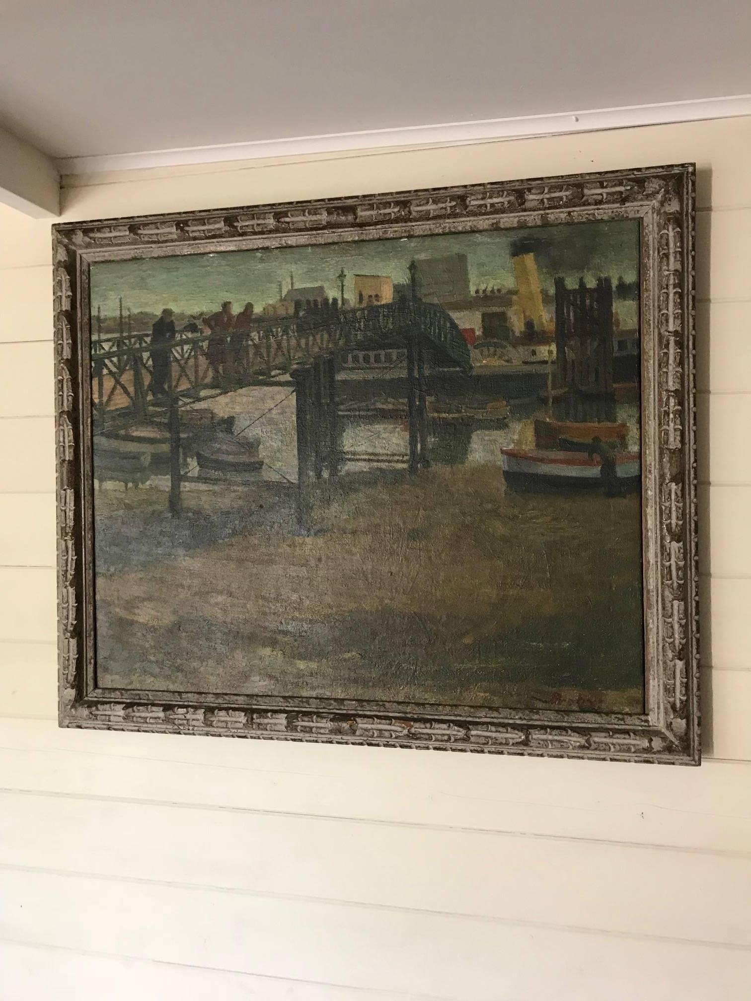 A mid-century oil on re-lined canvas painting of an urban river scene. Signed Probyn. Framed in a carved wood frame.