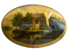 Riverside Reverie Early Circa 20th Century Antique Oval Landscape Oil Painting
