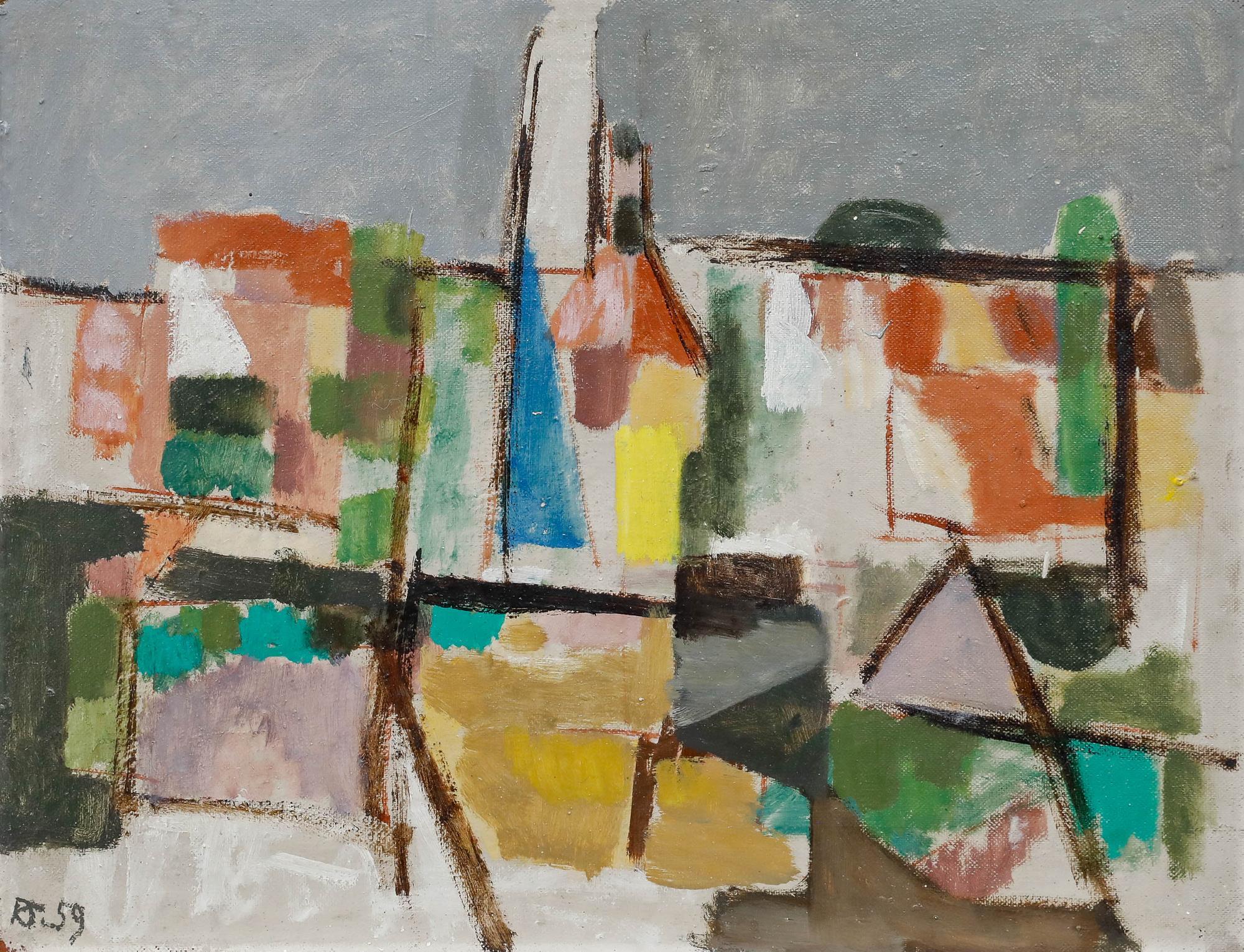 R.J - 1959 Oil, Abstract Still Life - Painting by Unknown