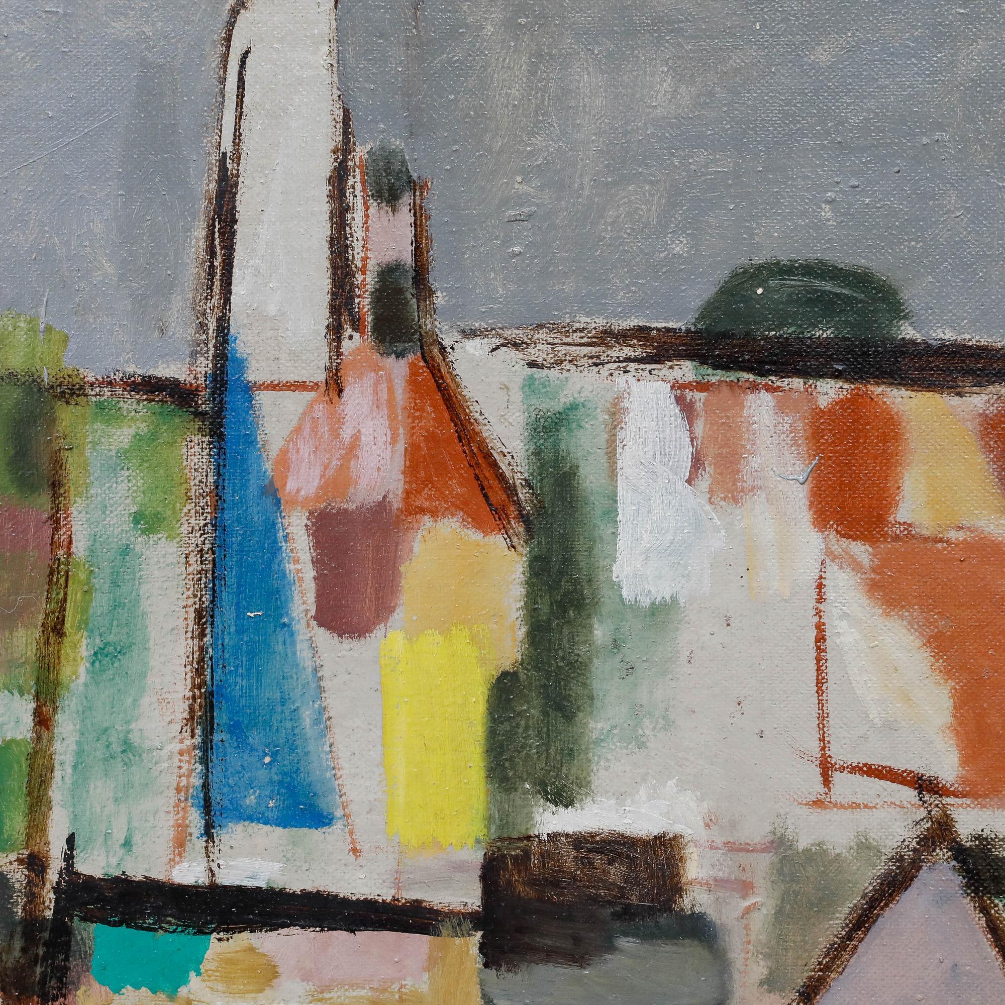 This vibrant composition of geometric forms and bold colours creates a dynamic and visually engaging piece. Signed with initials and dated. On board.
