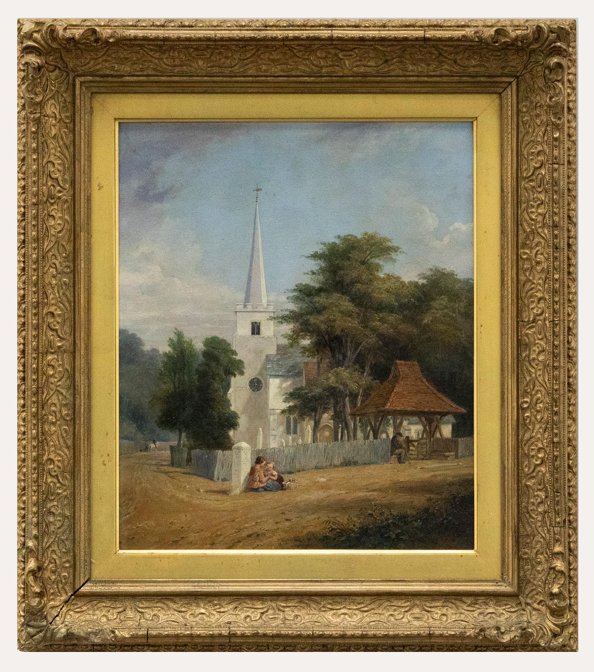 Unknown Landscape Painting - R.J. Parris - 1863 Oil, The Lychgate & St George's Church, Beckenham