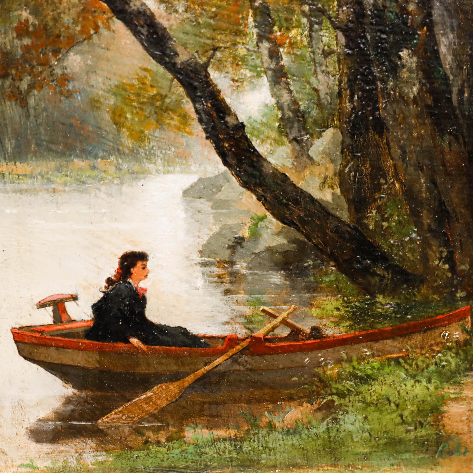 This late 19th-century study depicts a young woman seated in a small rowing boat on an autumn afternoon. The scene evokes a sense of anticipation, leaving the viewer to wonder if she might be waiting for a friend or lover to join her. Well presented