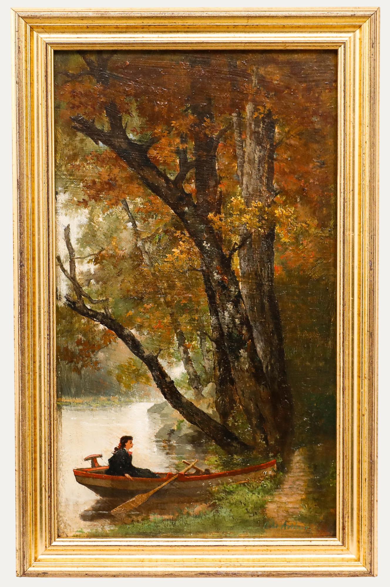 Unknown Landscape Painting - Robert Arthur (1850-1914) - 1876 Oil, Girl in a Rowing Boat