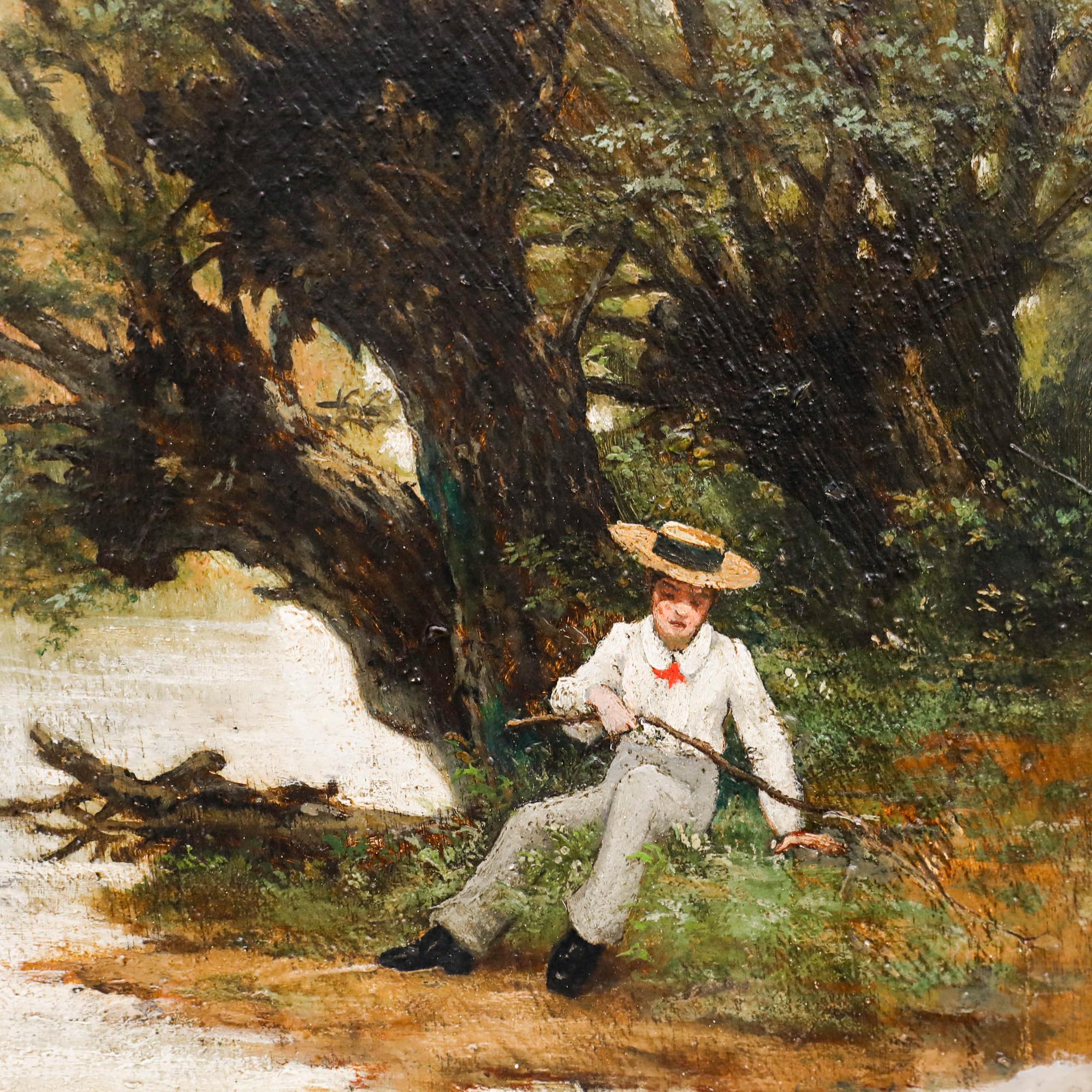 This fine study by American artist Robert Archer depicts a small boy playing beside a river on a spring afternoon. The scene invites viewers to ponder whether the child might be waiting for a friend, adding an element of intrigue to the tranquil
