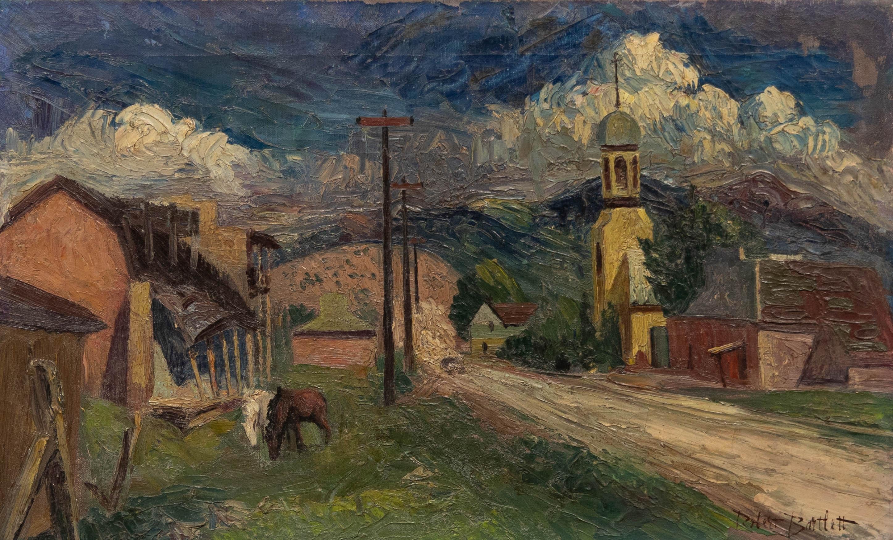 Robert Bartlett - Mid 20th Century Oil, Townscape with Roaming Horses - Painting by Unknown