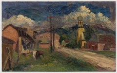 Robert Bartlett - Peinture à l'huile du milieu du 20e siècle, paysage de ville avec chevaux évasés