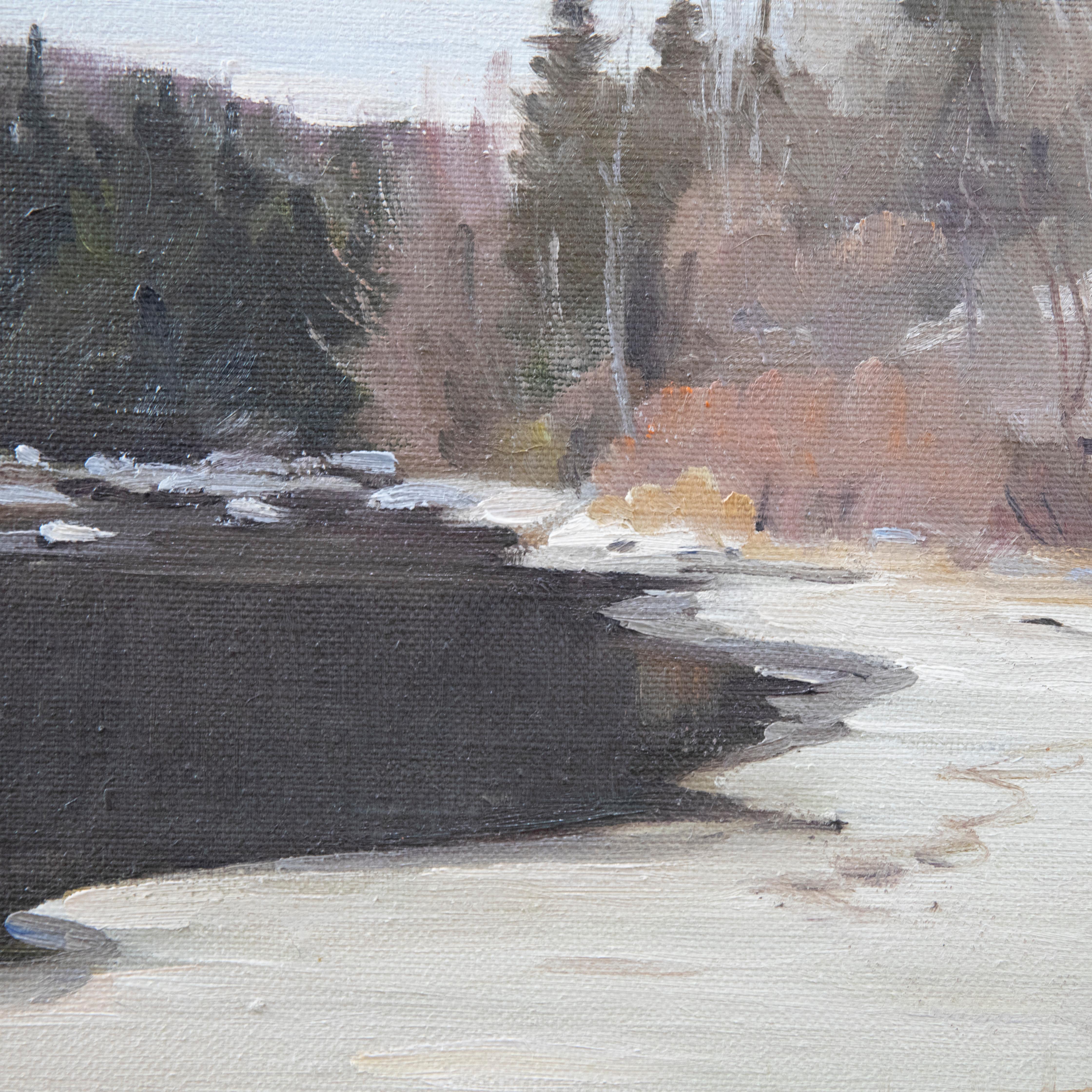 A delightful oil study depicting a winding river in a snow laden forest landscape. Signed to the lower right. On canvas.
