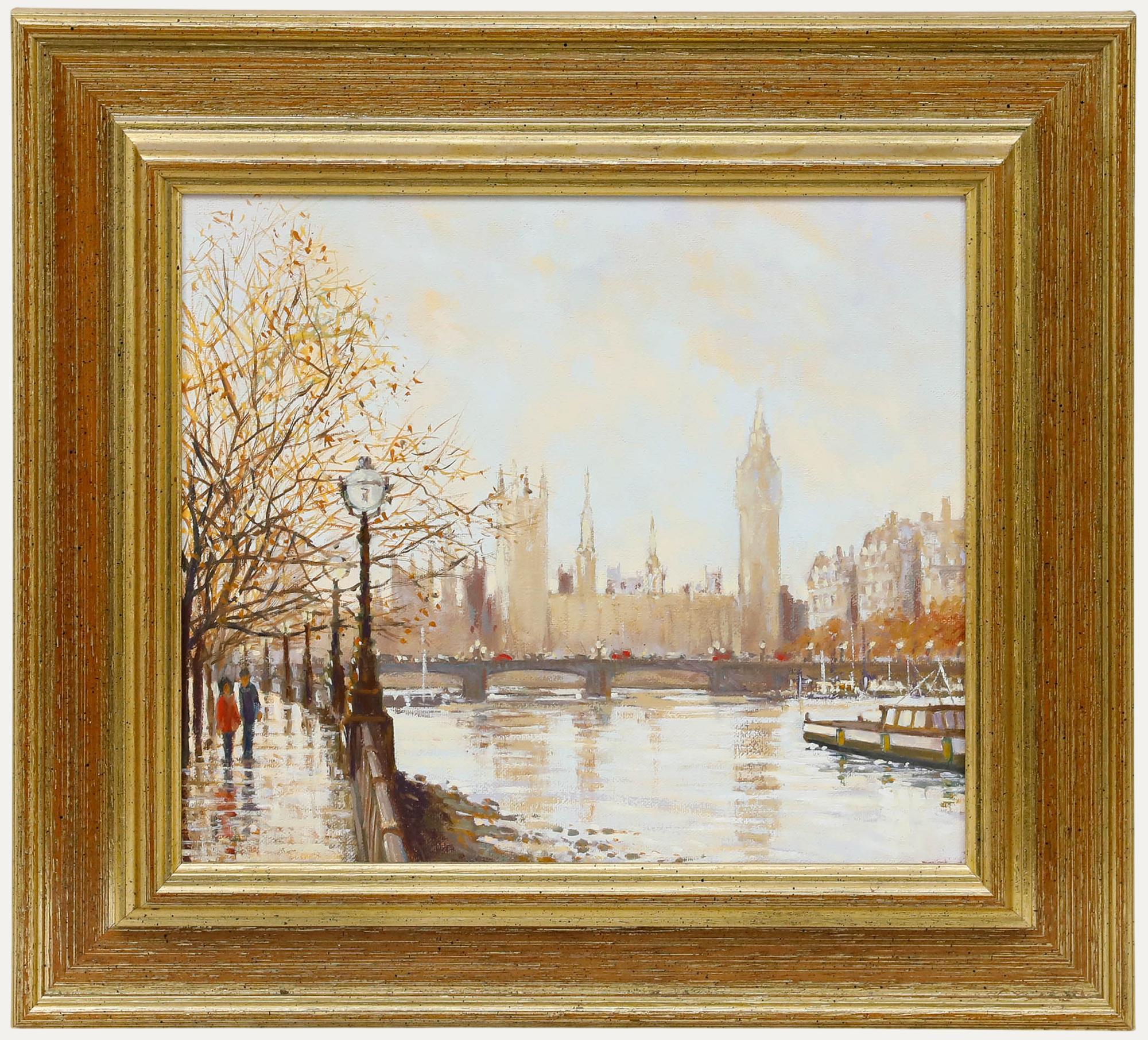 Robert Crisp - Framed Contemporary Oil, Westminster From The Embankment