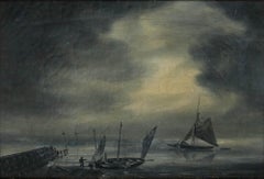 Robert Fulke Creville - Framed 1823 Oil, Sailing by Moonlight