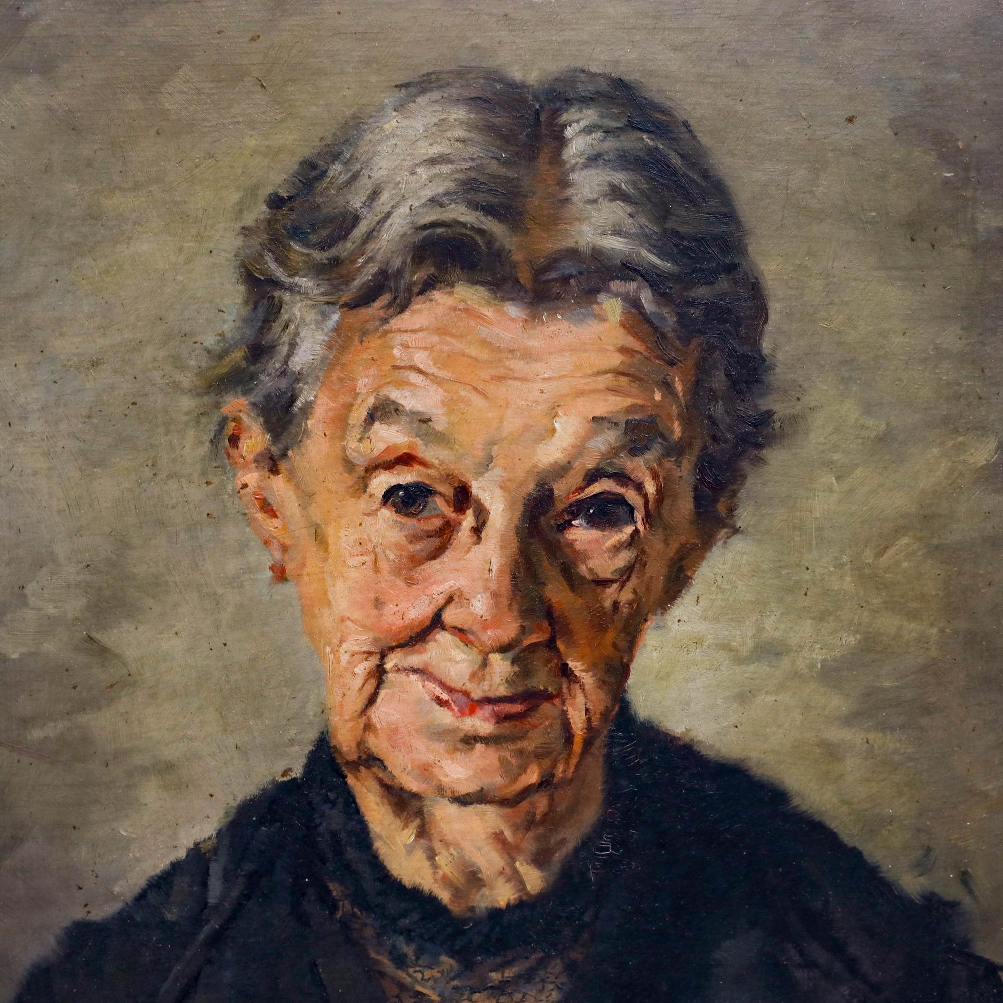 A charismatic portrait depicting Luise Stolz at the age of 90. This intimate portrait depicts its subject rendered in warm, earthy tones against a muted olive-green background, showcasing the artist's skilled use of light and shadow to capture the