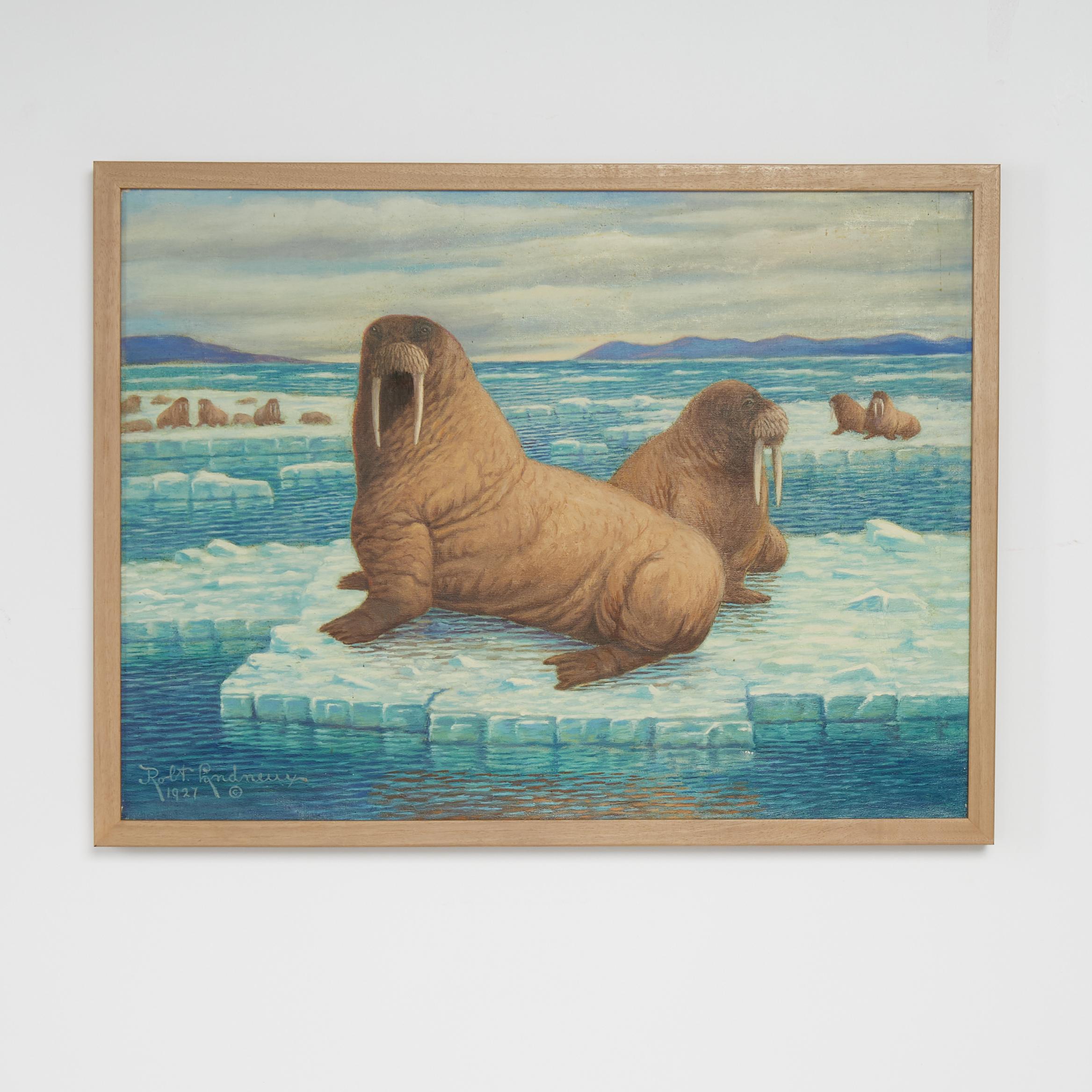 Intriguing antique oil painting on canvas depicting walruses in repose floating on ice patches, executed in a traditional style, signed by noted western artist Robert Lindneux, dated 1927 and presented in a wood frame.