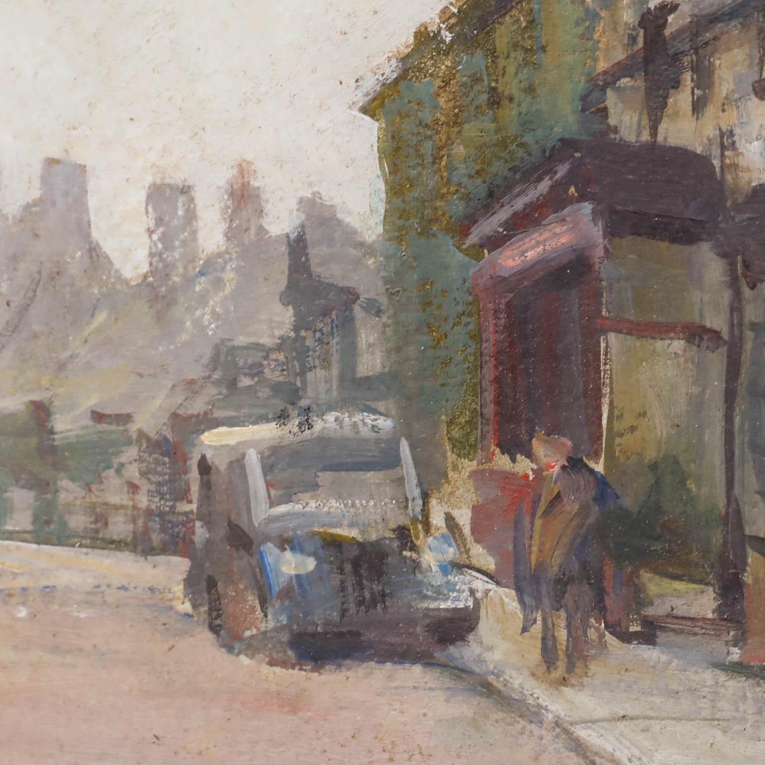 A charming early 20th century oil painting of a quiet northern town square by the artist Robert T. Mumford (1895-1939). The study has a sketchy quality and is perhaps a preparatory drawing for a larger study. Signed and dated to the lower right.