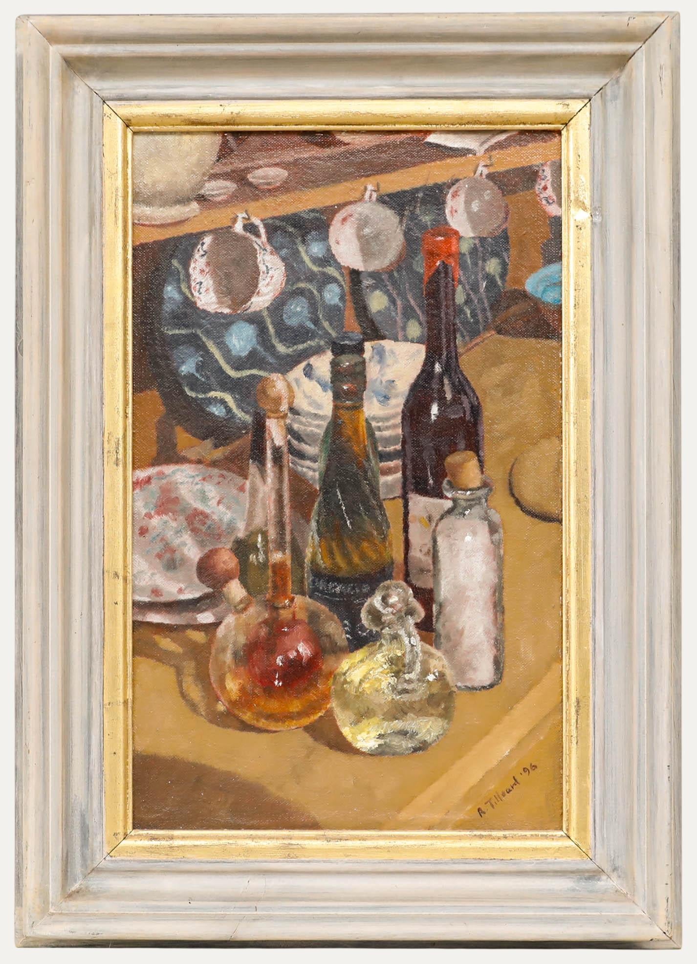 Unknown Still-Life Painting – Robert Tilleard (geb. 1949) - 1996 Öl, Stillleben mit Flaschen und Dekantern