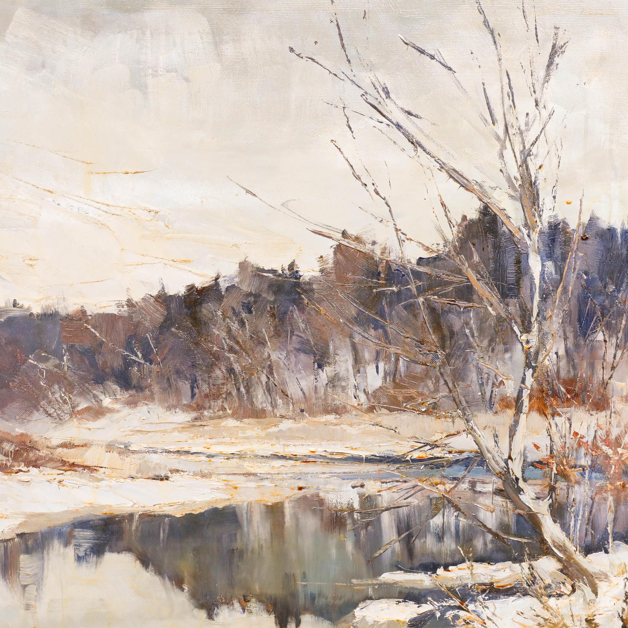 This evocative landscape painting captures a serene winter scene featuring a frozen waterway meandering through snow-covered terrain, with bare trees silhouetted against a moody, cloud-filled sky. The artist employs a muted palette of earth tones,